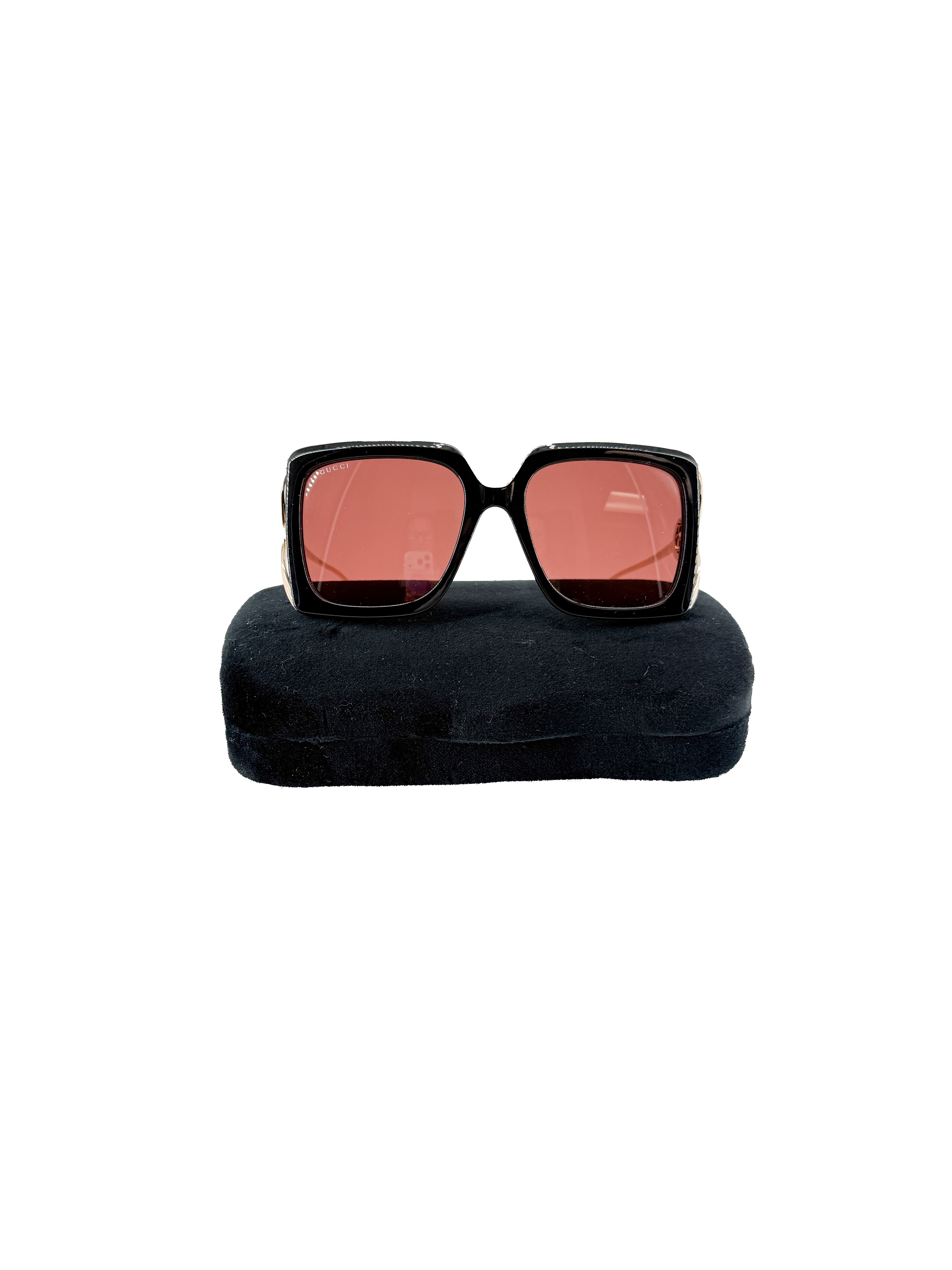 Gucci black gold oversized square sunglasses GG1324S CASE