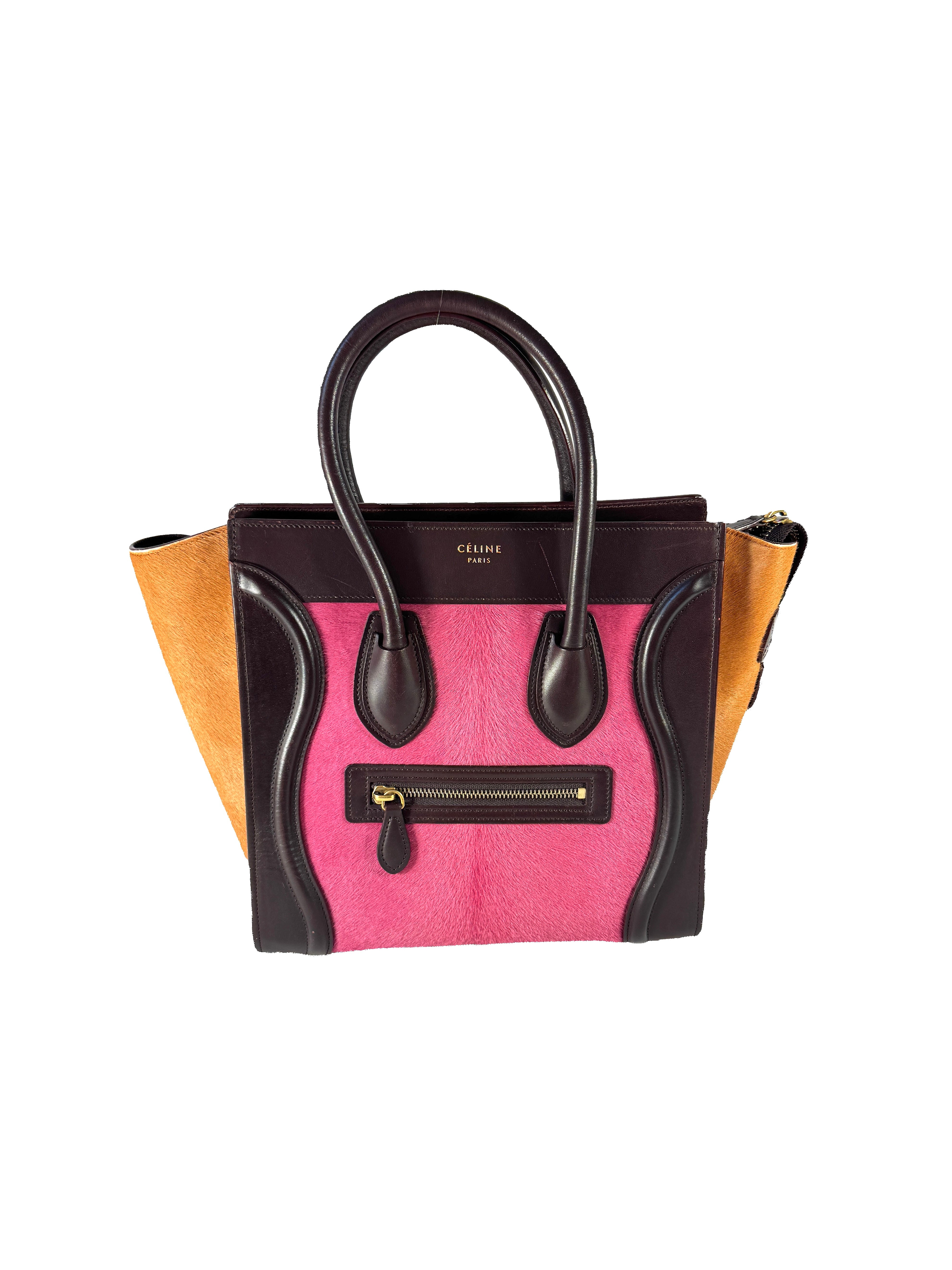 Celine burgundy, pink, and orange leather/pony hair Luggage micro F-GA-0154