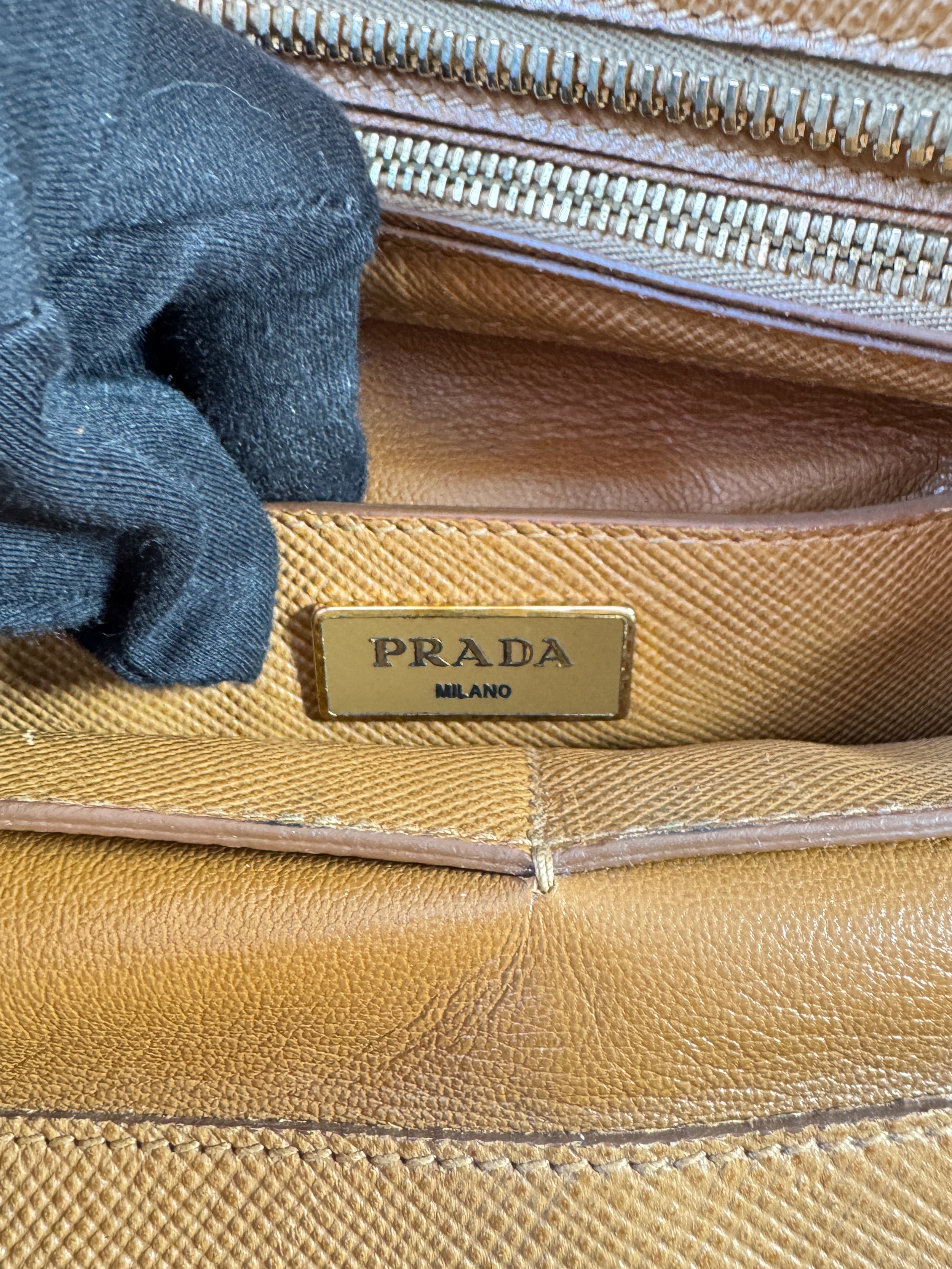 Prada brown Saffiano triple zip domed satchel 180