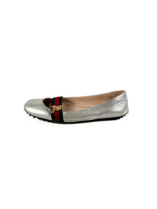 Gucci Metallic Nappa Web Bayadere Ballerina silver leather Flats size 38.5 **as is**