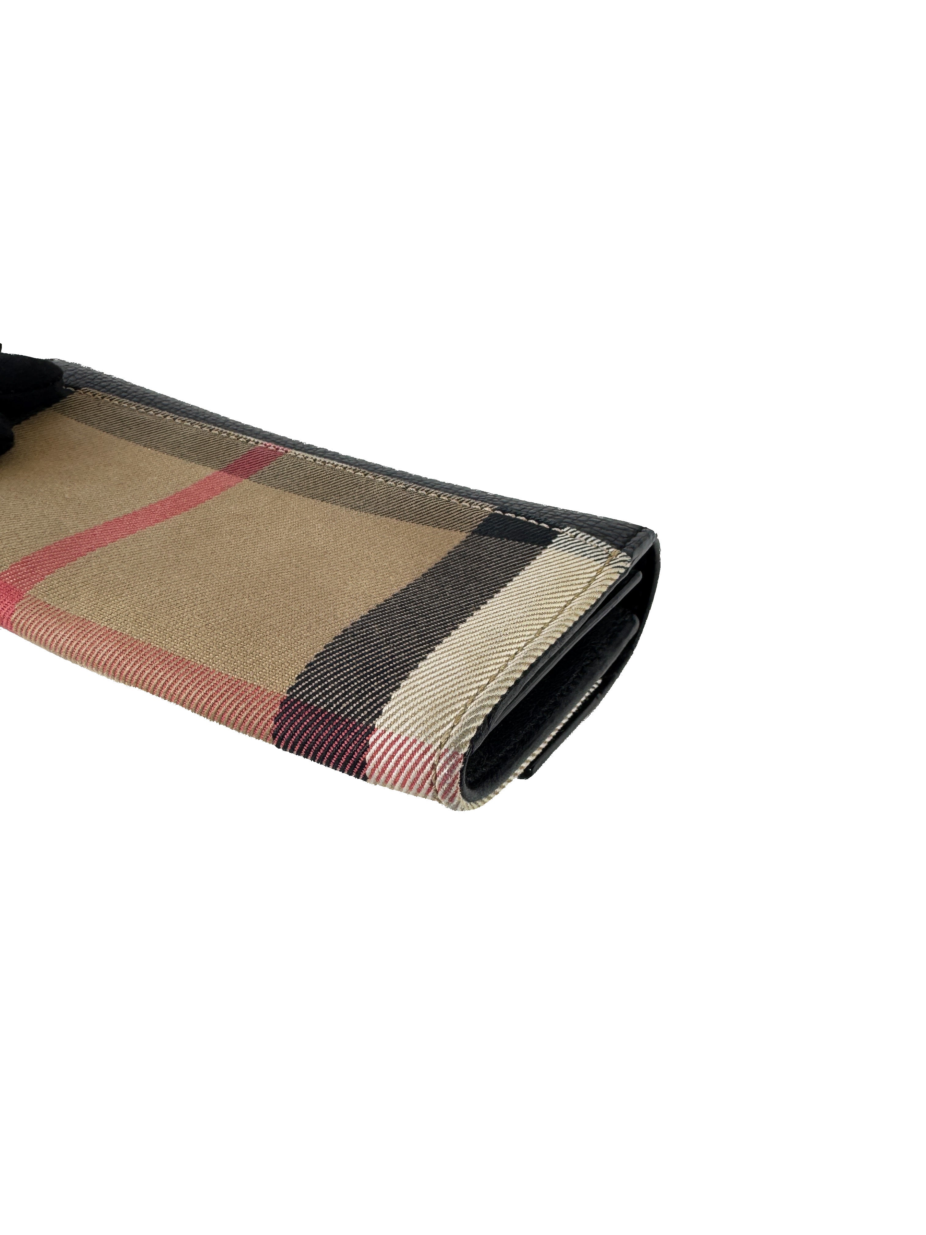 Burberry black leather check long wallet