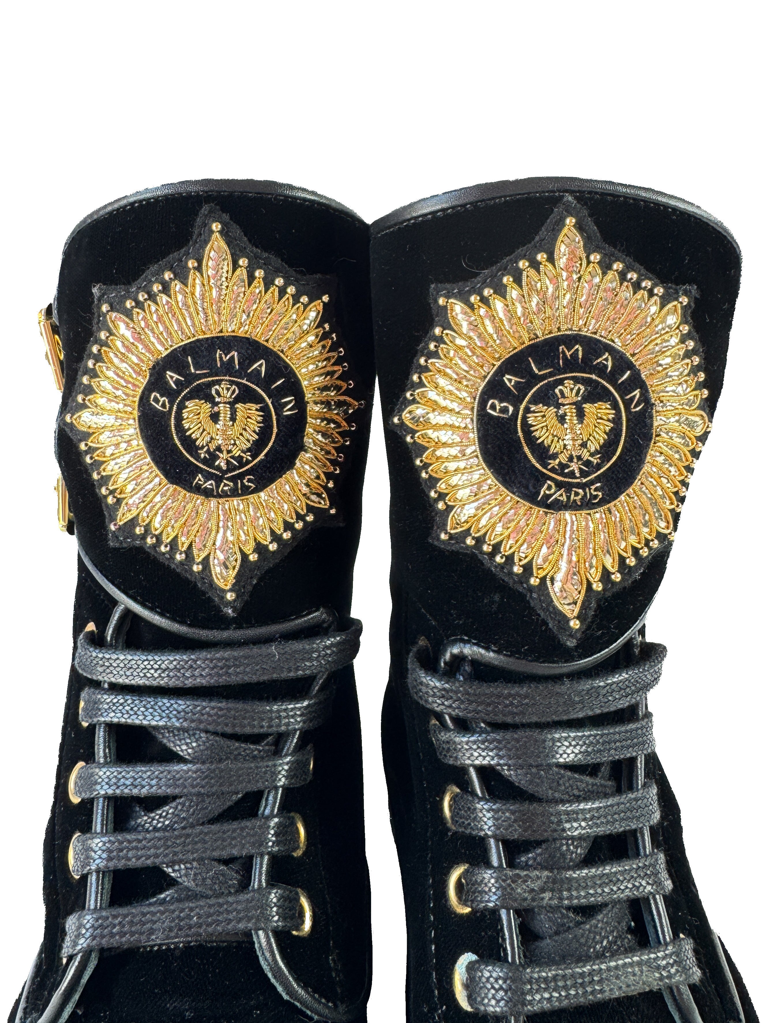 Balmain black velvet embellished combat boots size 38