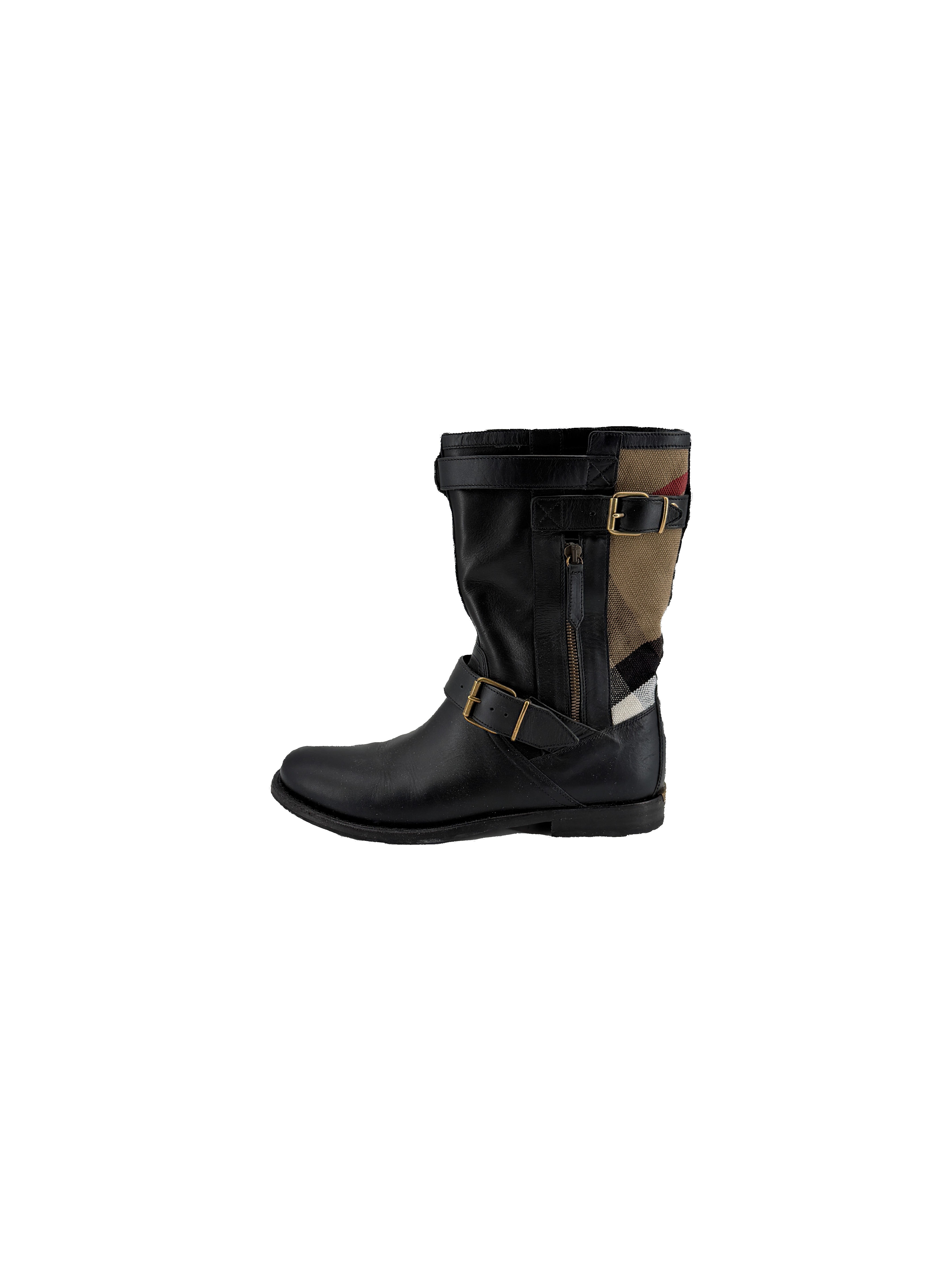 Burberry black leather Grantville check boots size 38 BOX