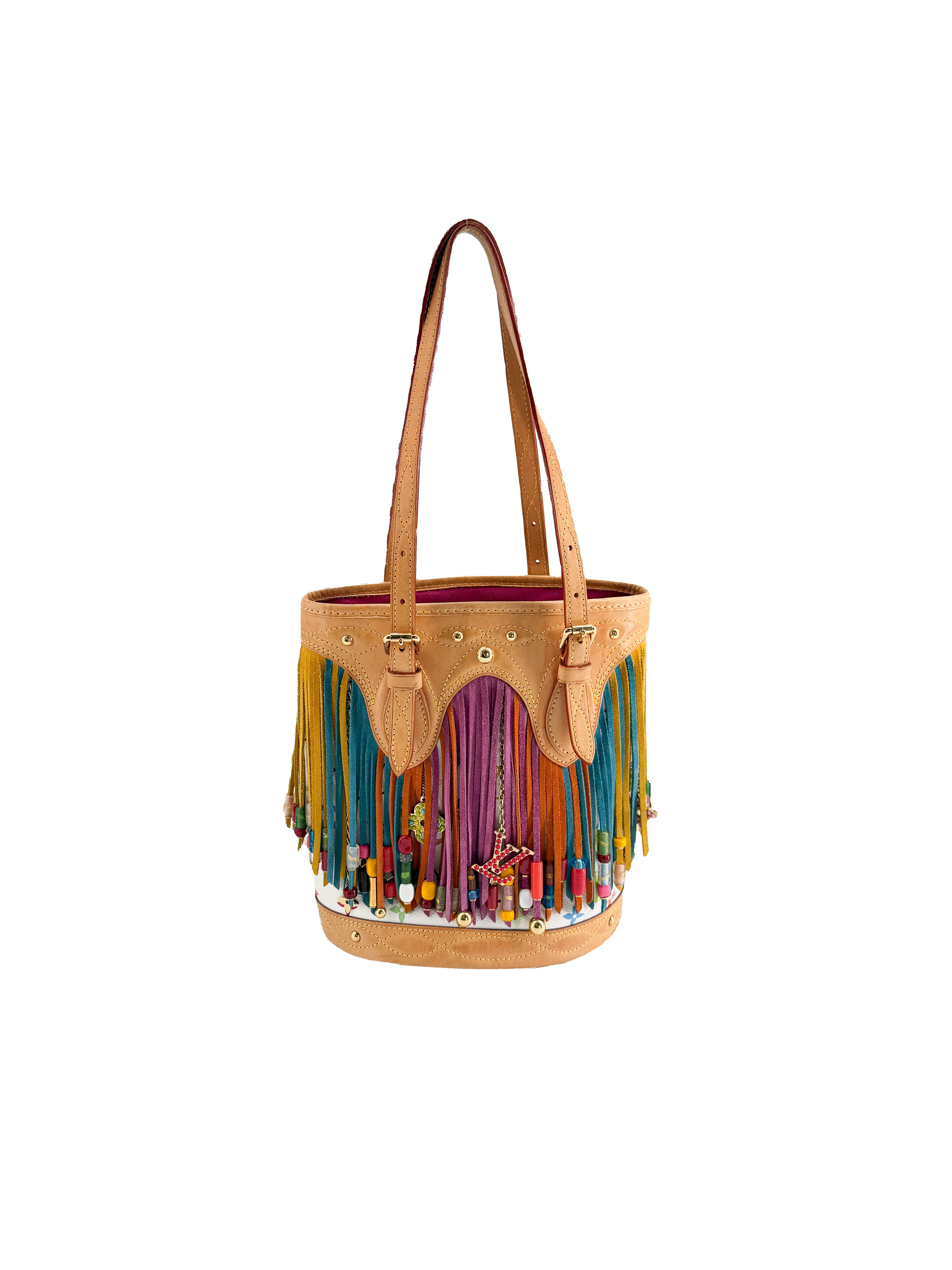 Louis Vuitton monogram multicolor fringe bucket white SR0056