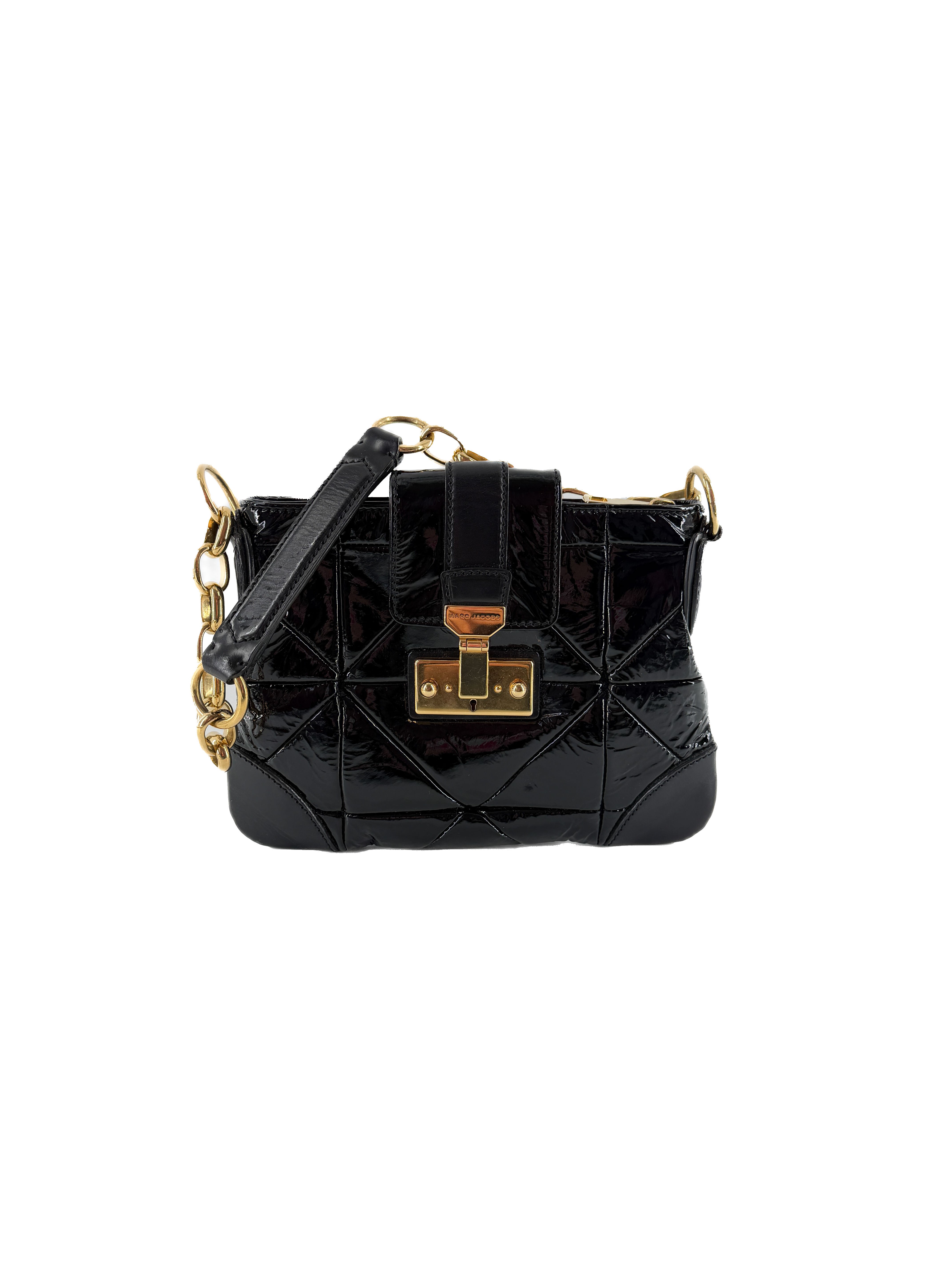 Marc Jacobs black patent leather quilted Mini dual shoulder bag