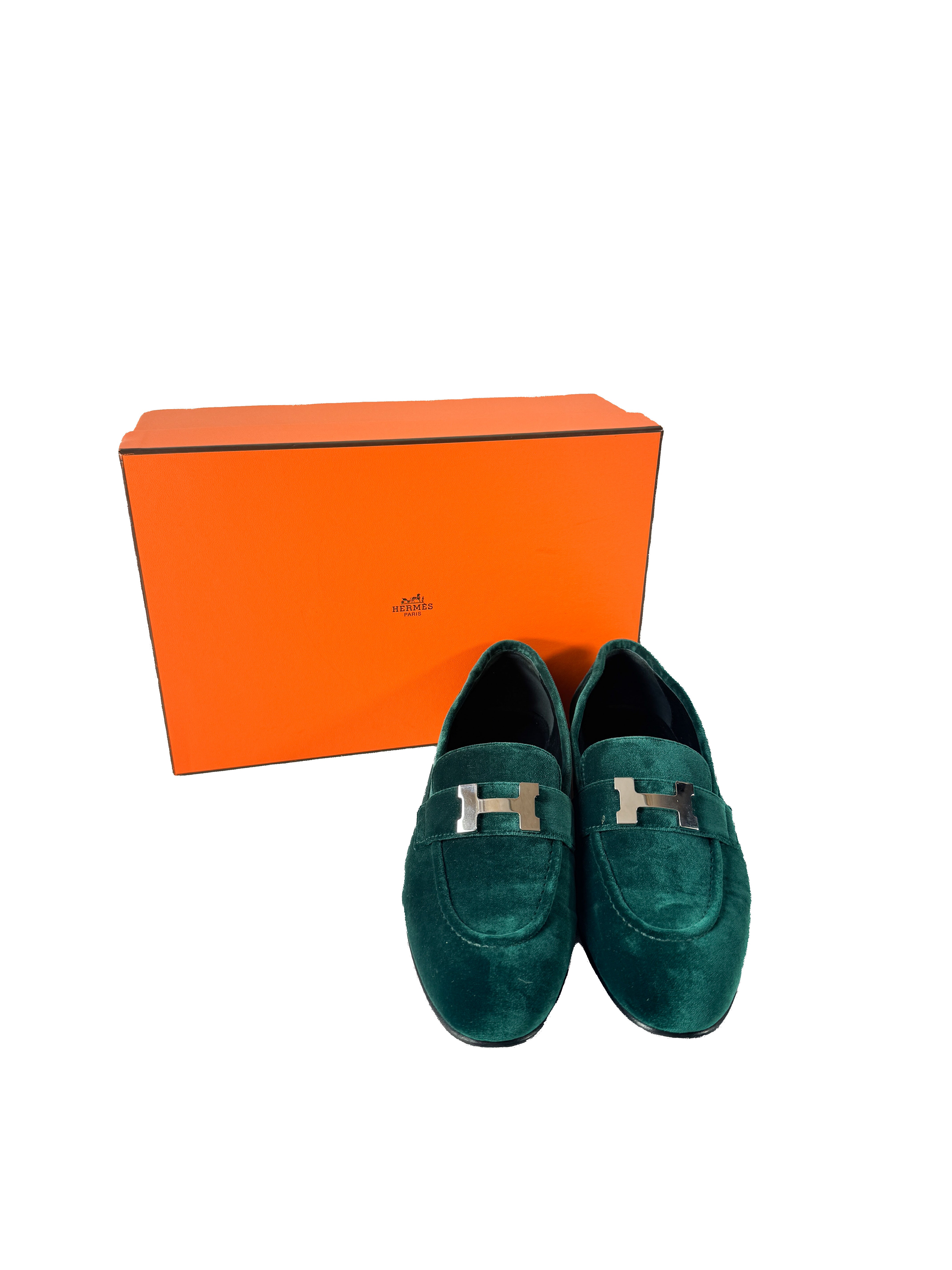 Hermès green velvet Paris loafers 38 Vert Fonce HC232135Z 23 07