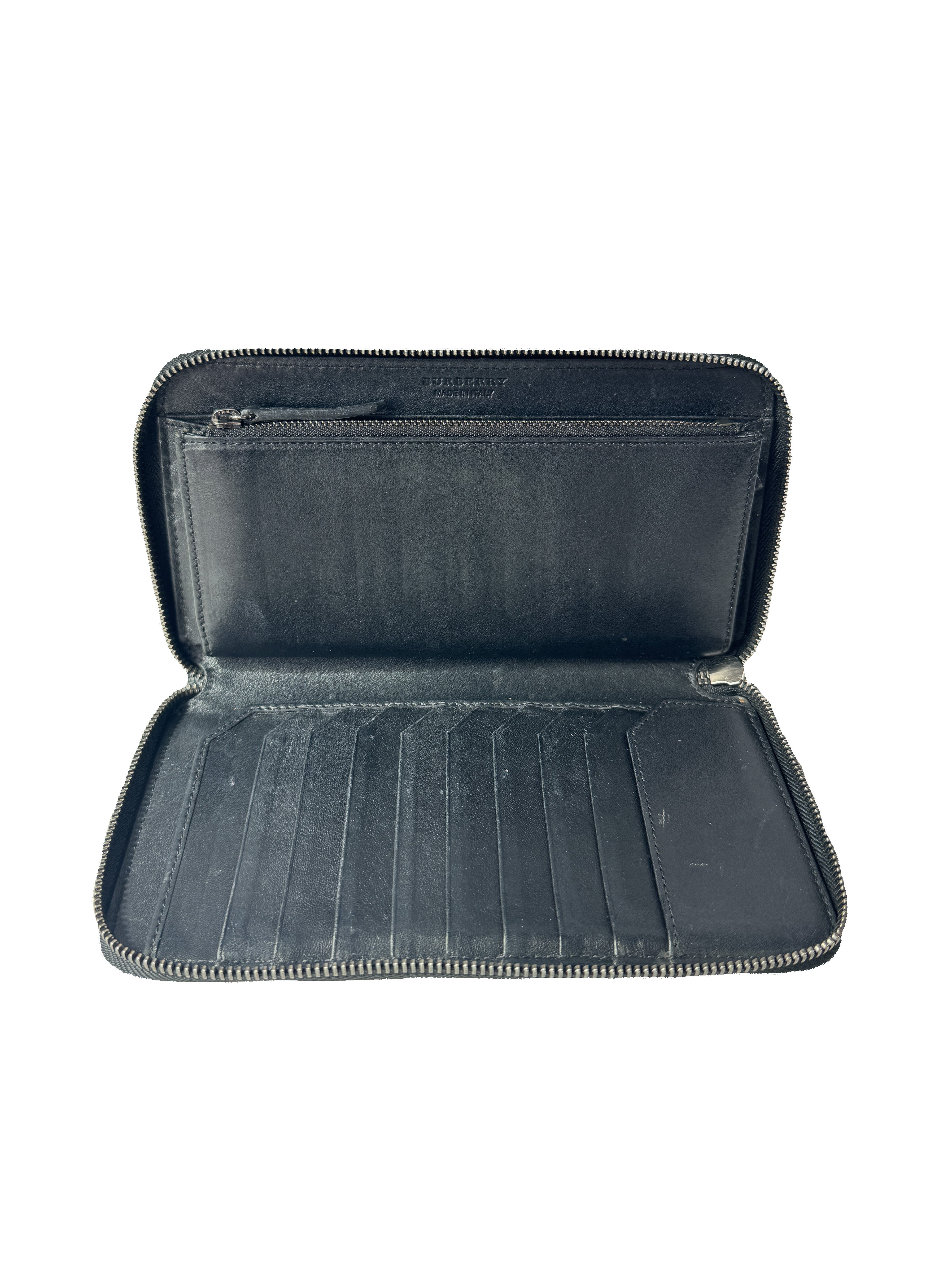 Burberry black leather studded zip around wallet