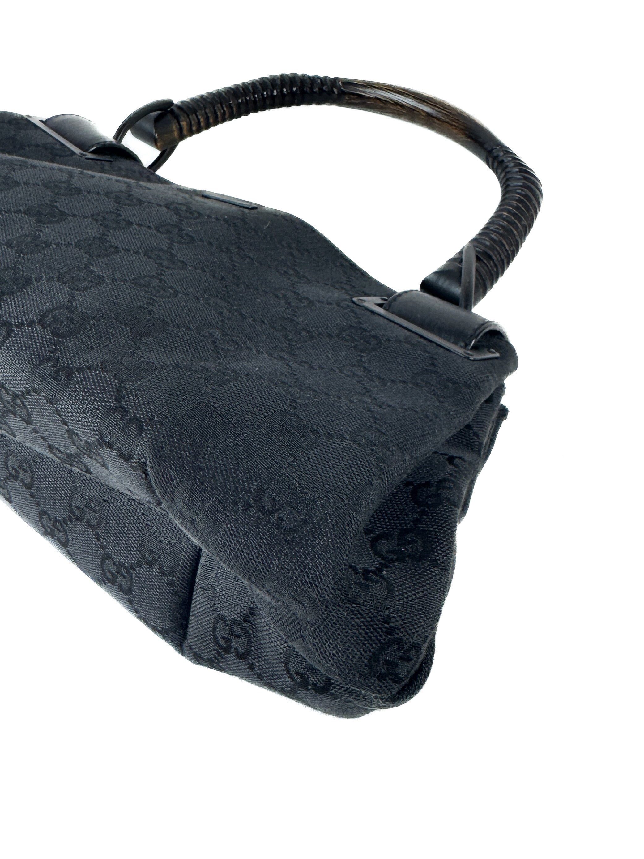 Gucci black leather GG wooden handle bag 112684 3444