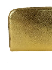 Prada gold metallic leather zip around wallet