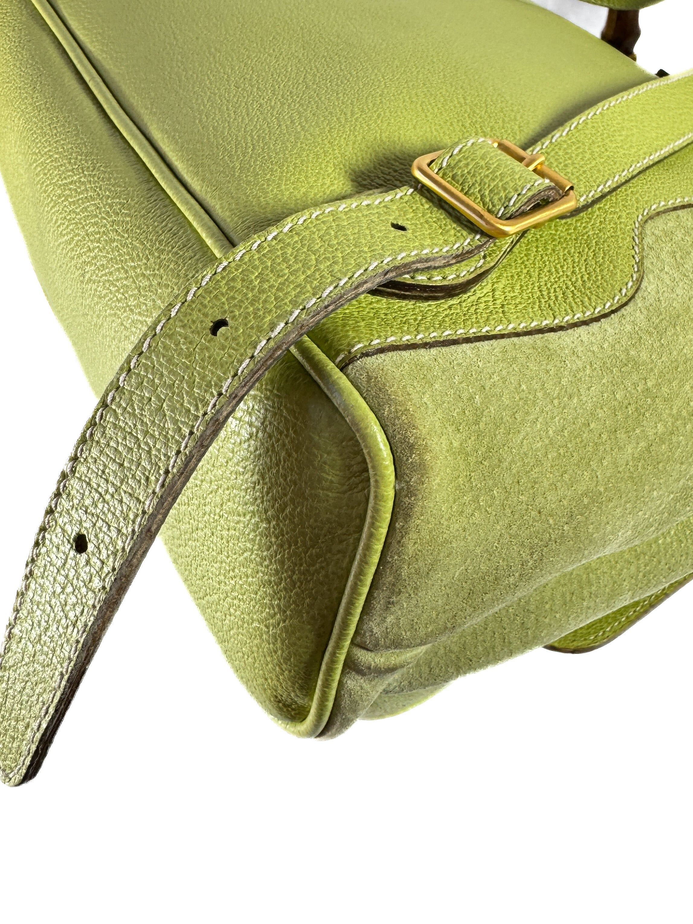 Gucci lime green vintage suede Bamboo large backpack 003-1998-0016