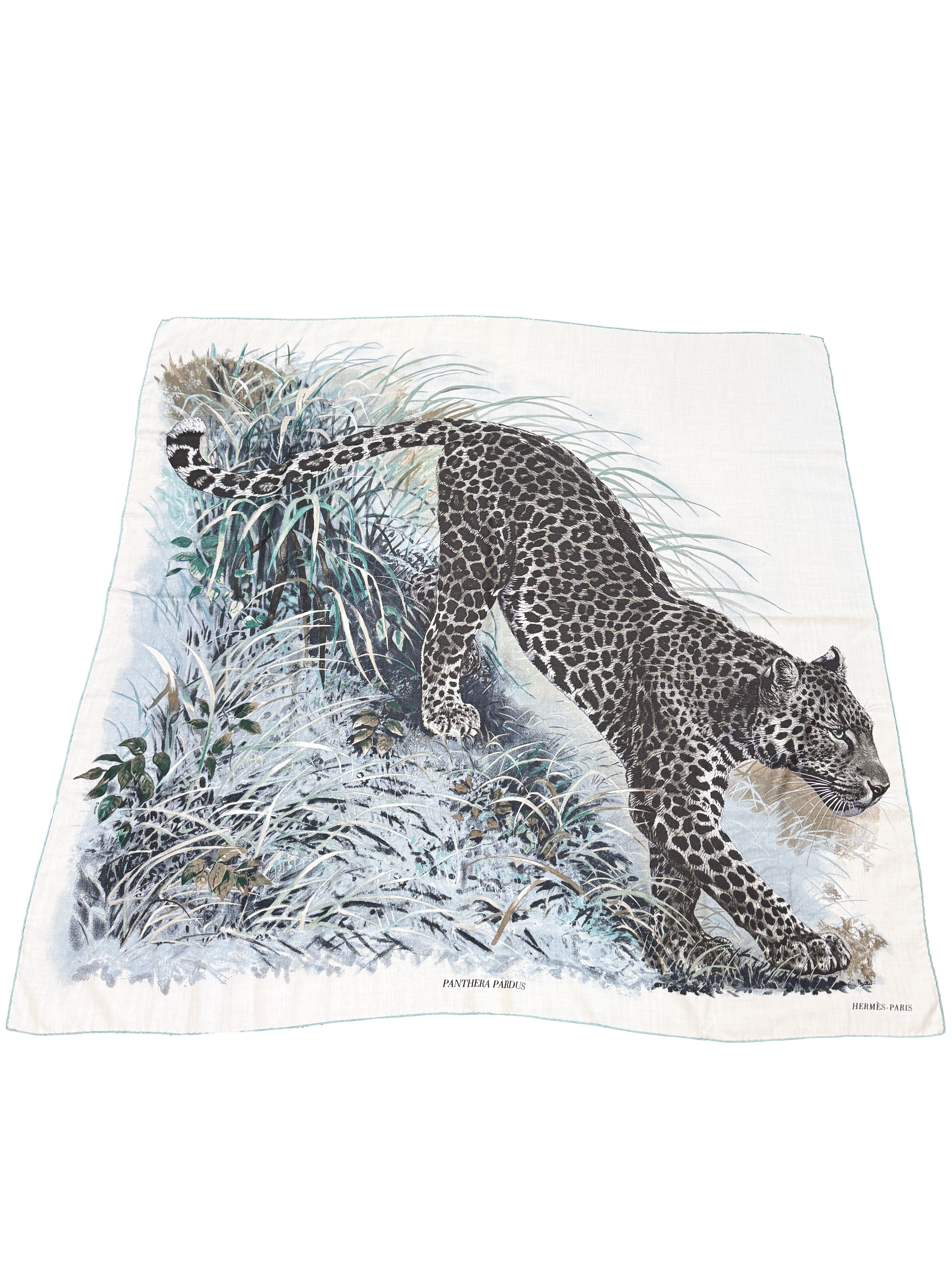 Hermès cream, gray, blue Panthera Pardus silk & cashmere shawl