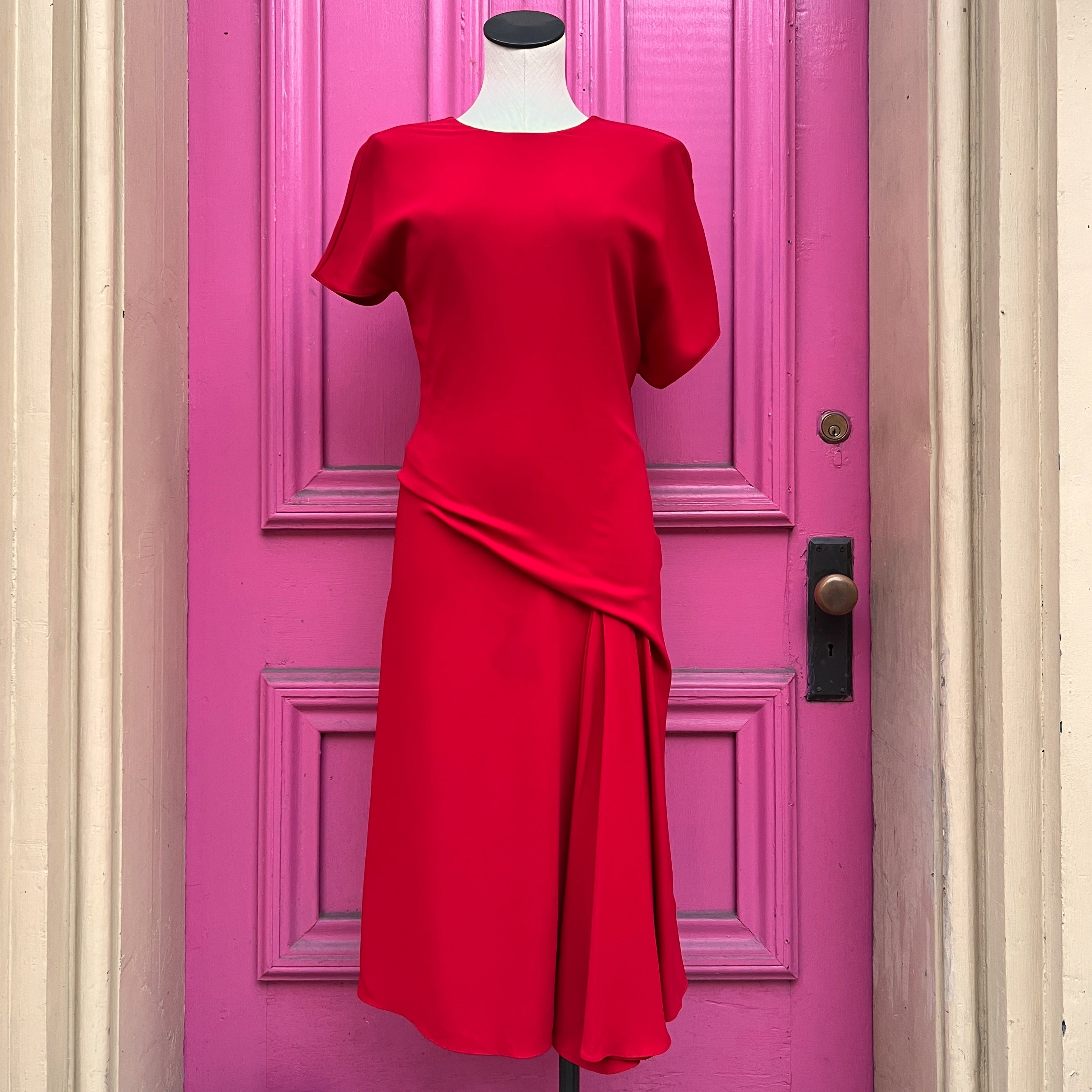Versace red draped asymmetric midi dress size 4