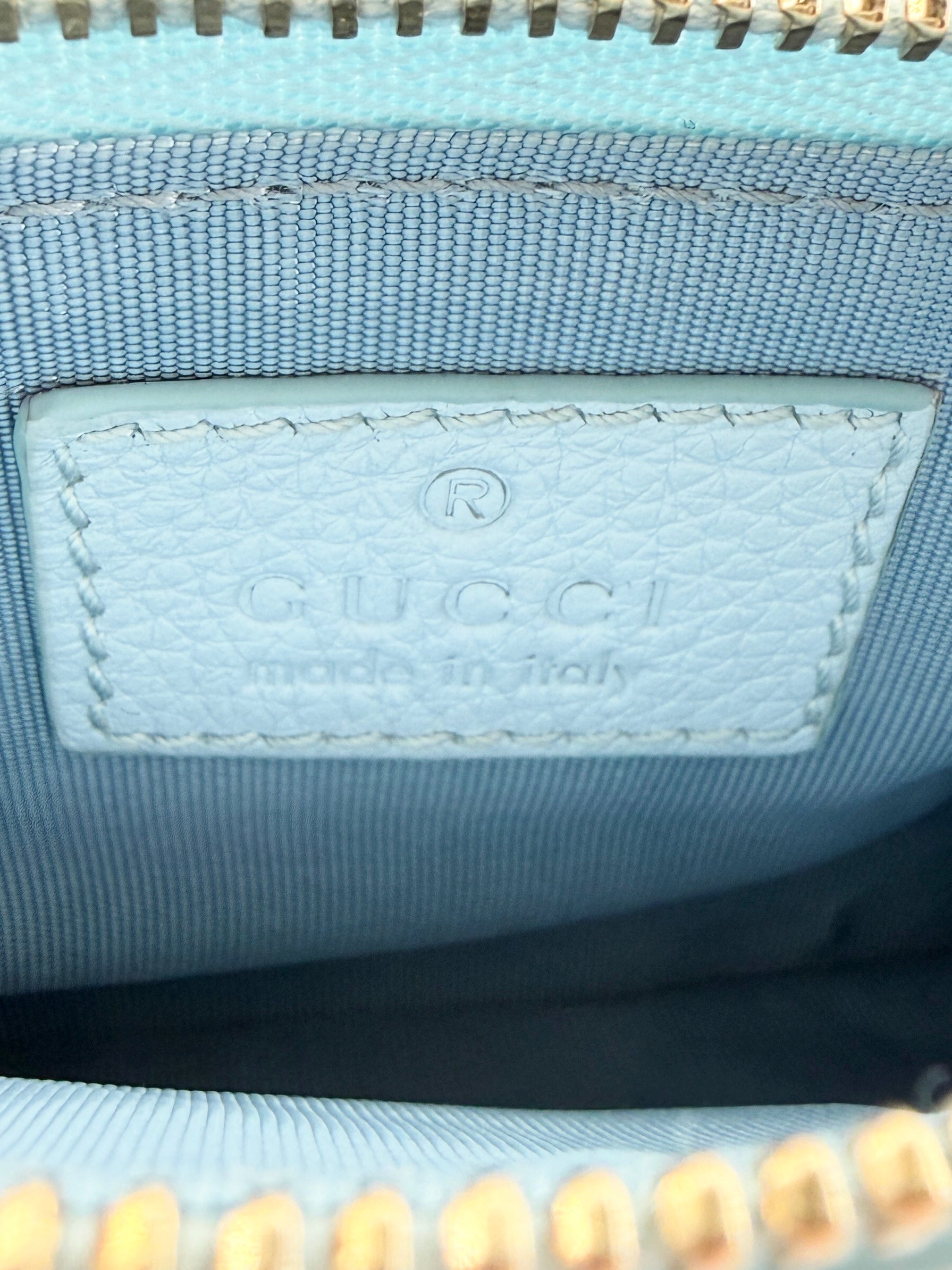 Gucci light blue leather Emblem zip key case 815891 1147