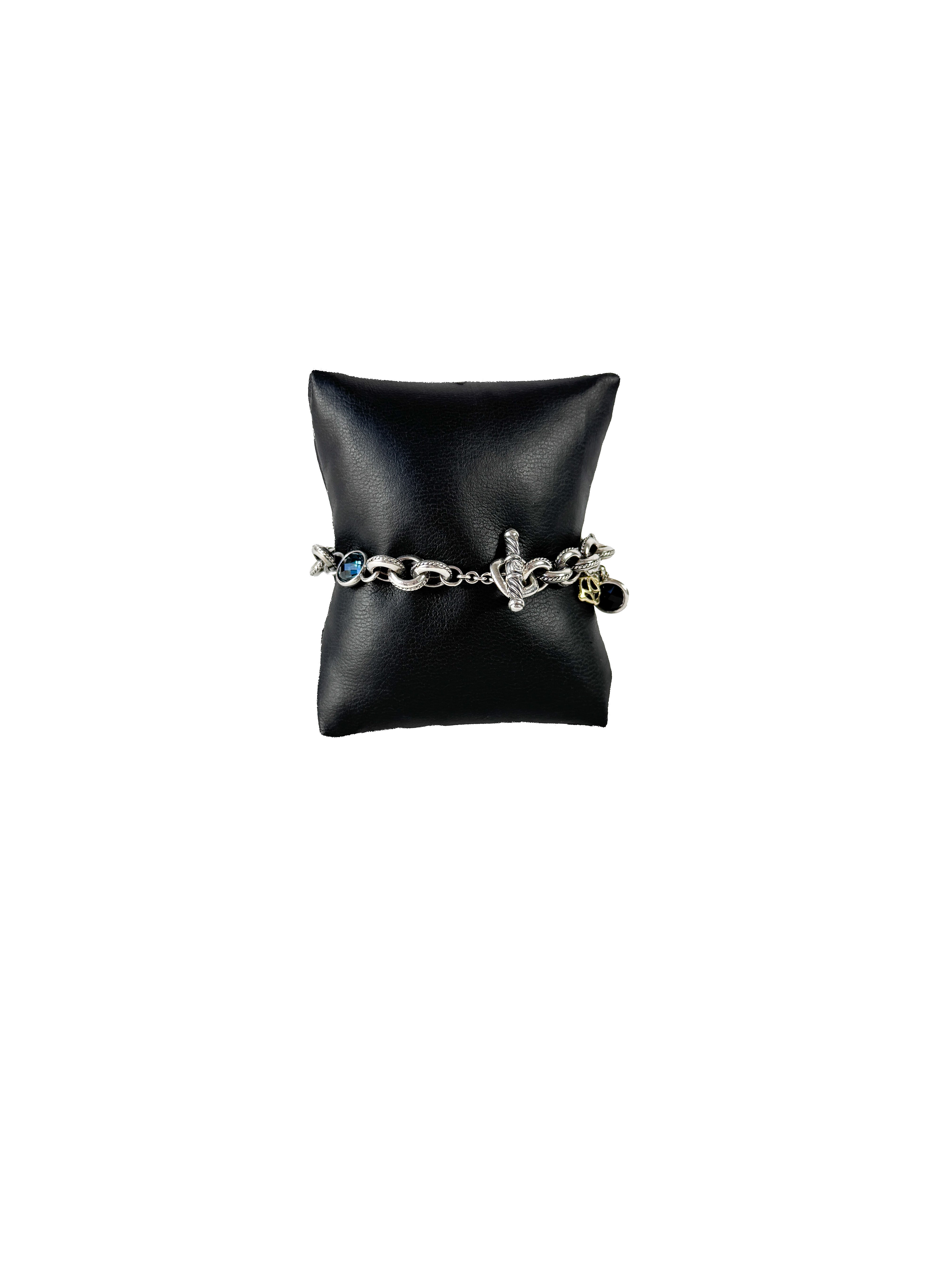 David Yurman sterling silver, pearl, blue topaz, 18k gold Old World charm bracelet