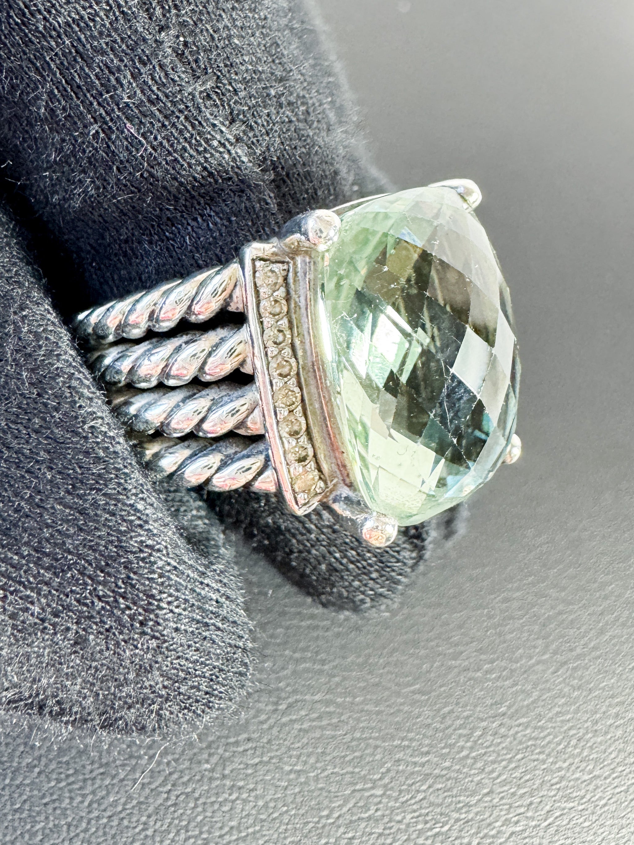 David Yurman sterling silver, diamonds, prasiolite Wheaton ring