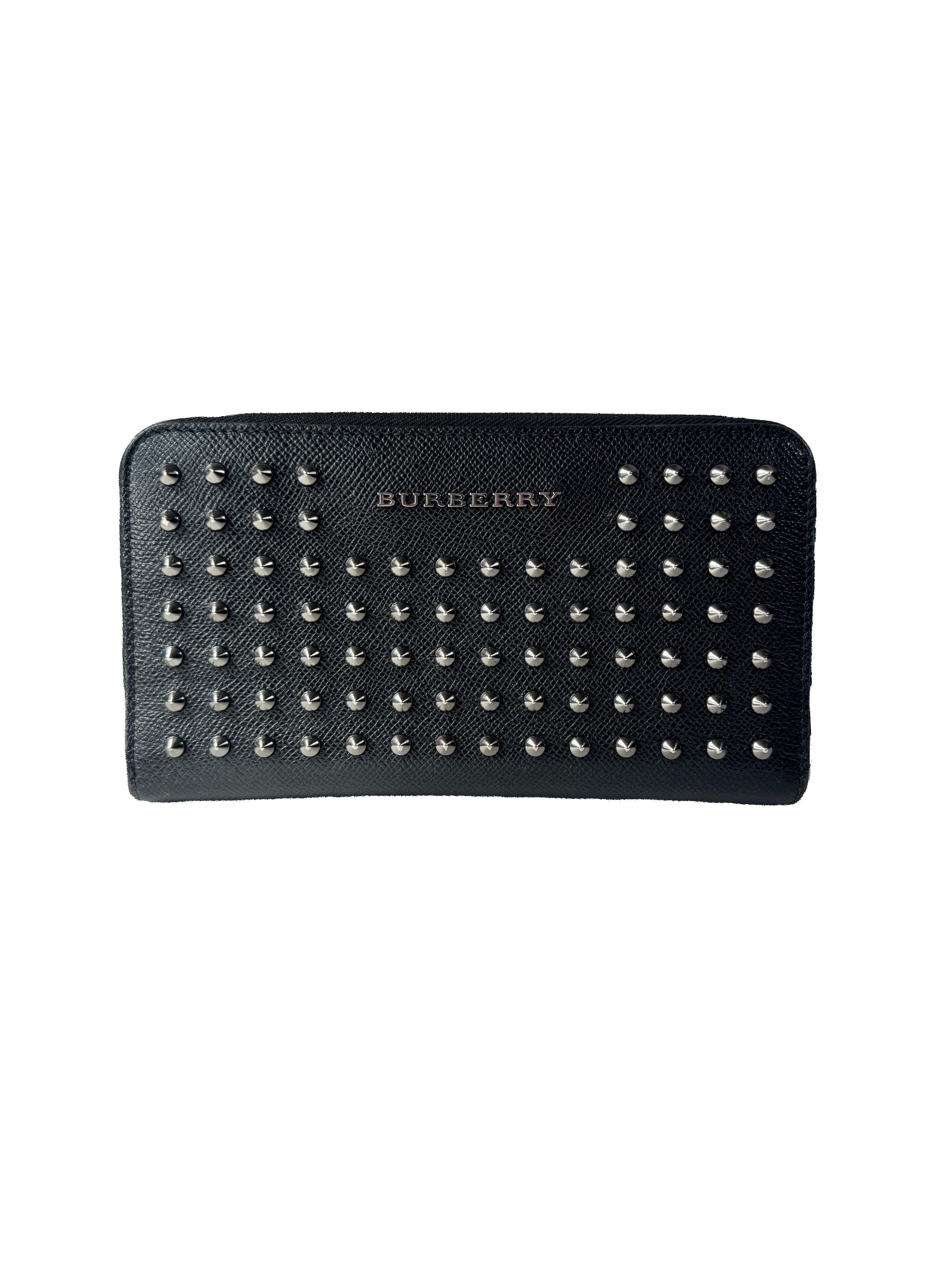 Burberry black leather studded zip around wallet