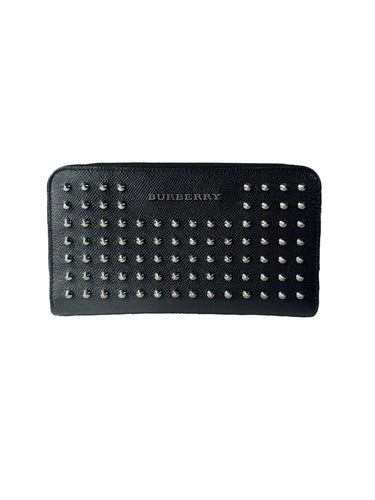 Burberry black leather studded zip around wallet