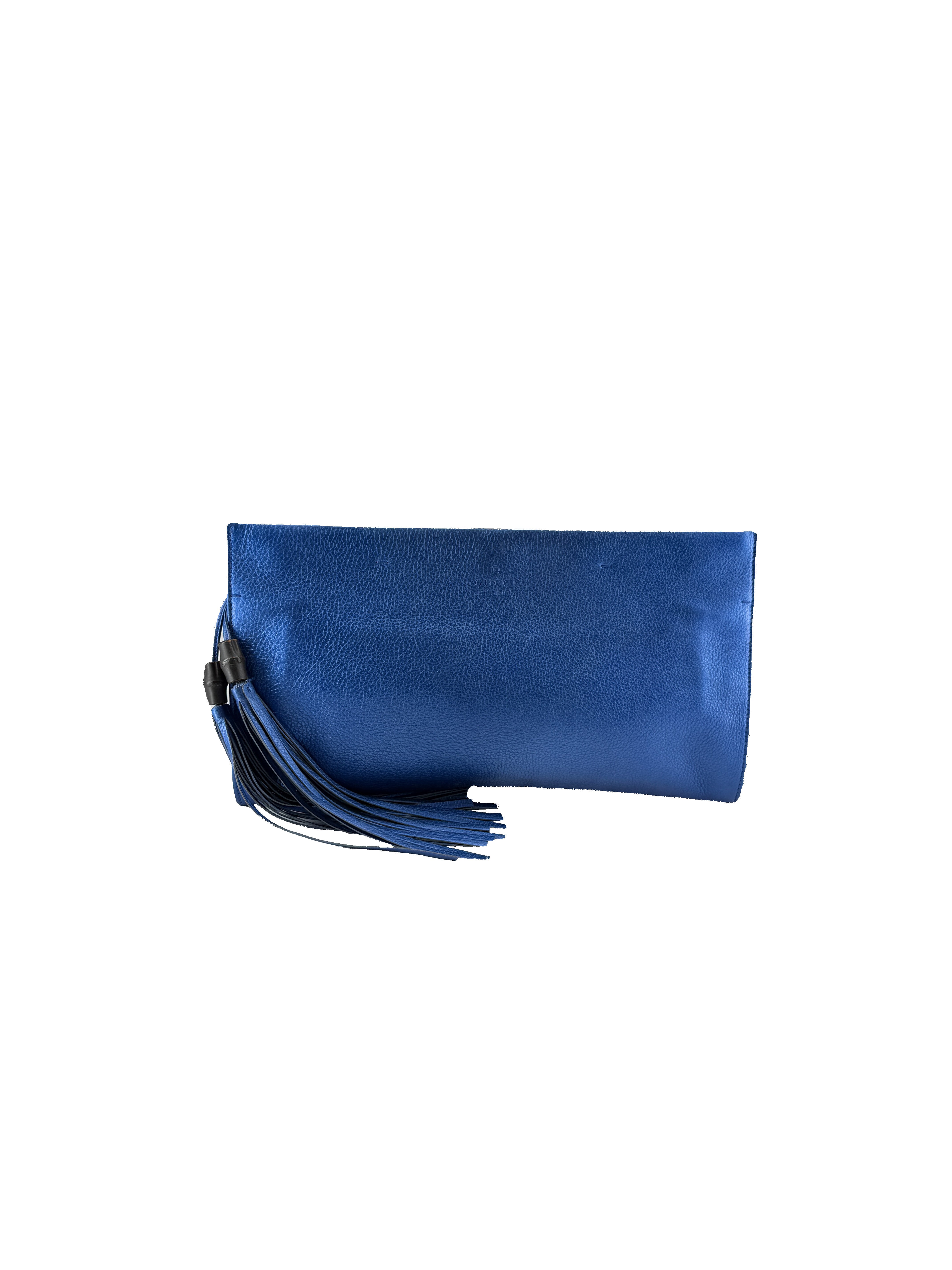 Gucci blue metallic leather bamboo tassel Nouveau clutch 347108 204991