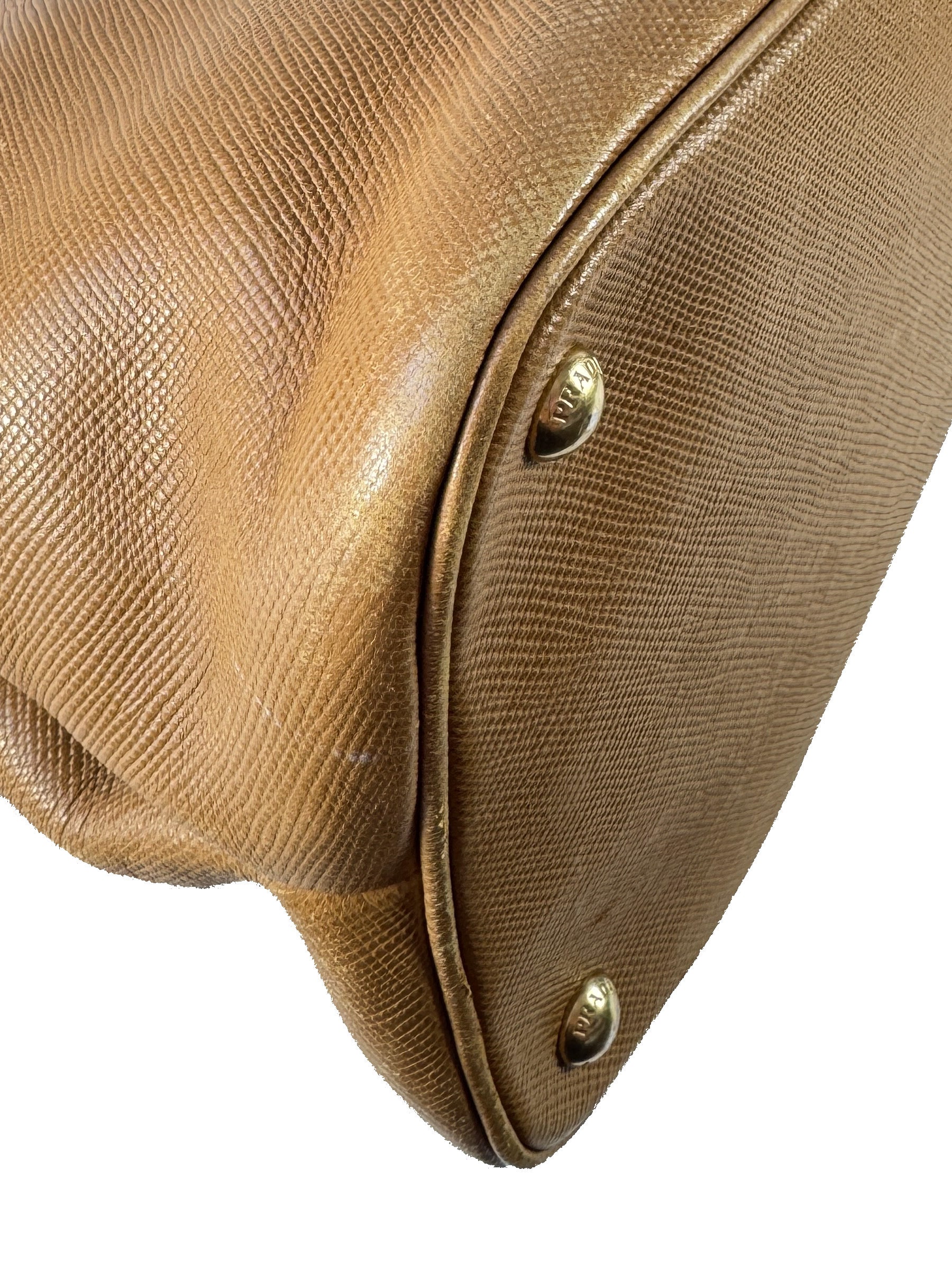 Prada brown Saffiano triple zip domed satchel 180