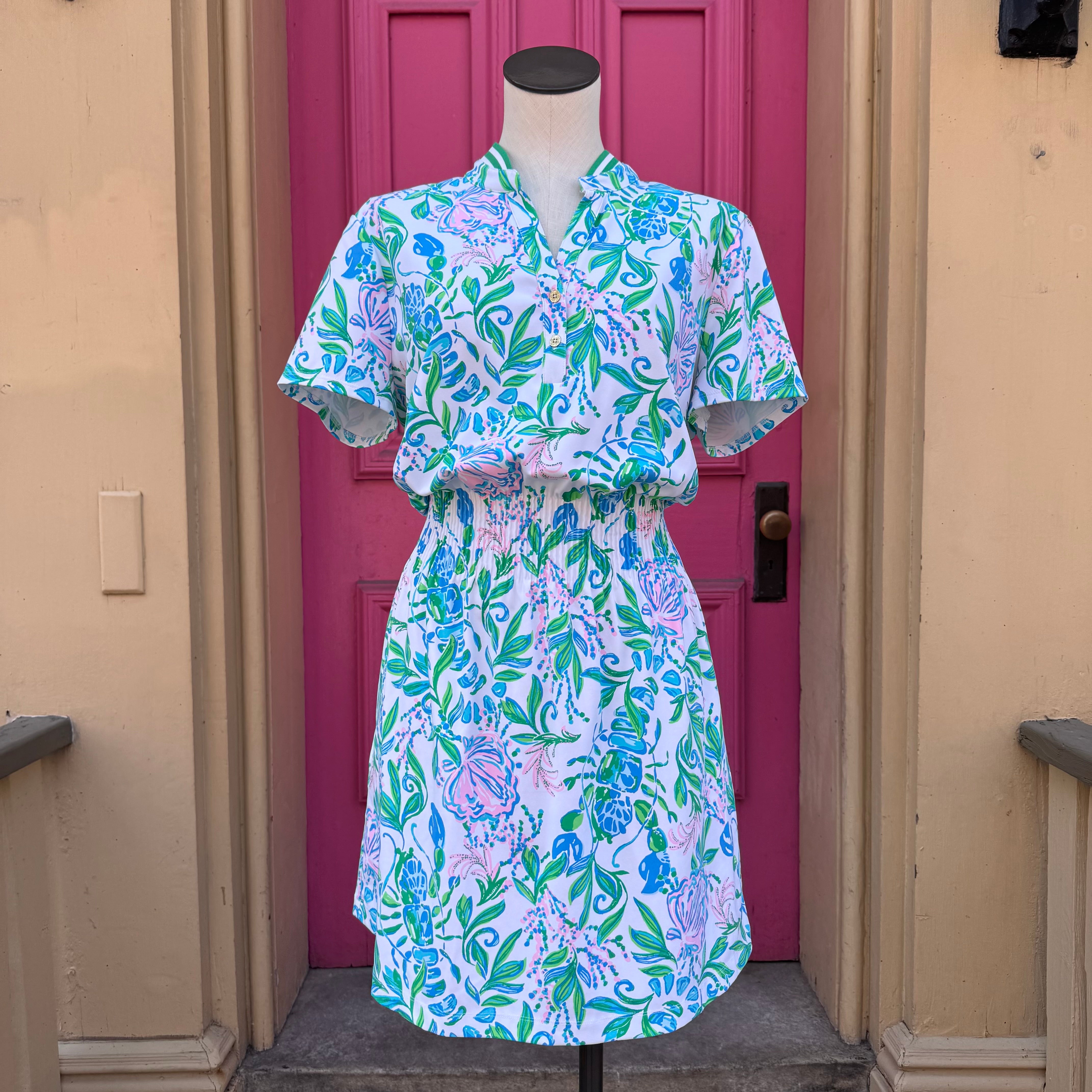 Lilly Pulitzer Luxletic blue green floral short sleeve dress size XL