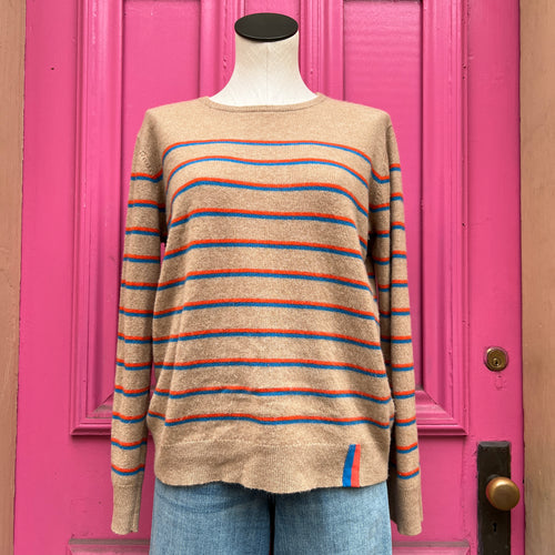 Kule brown orange blue striped cashmere sweater size L