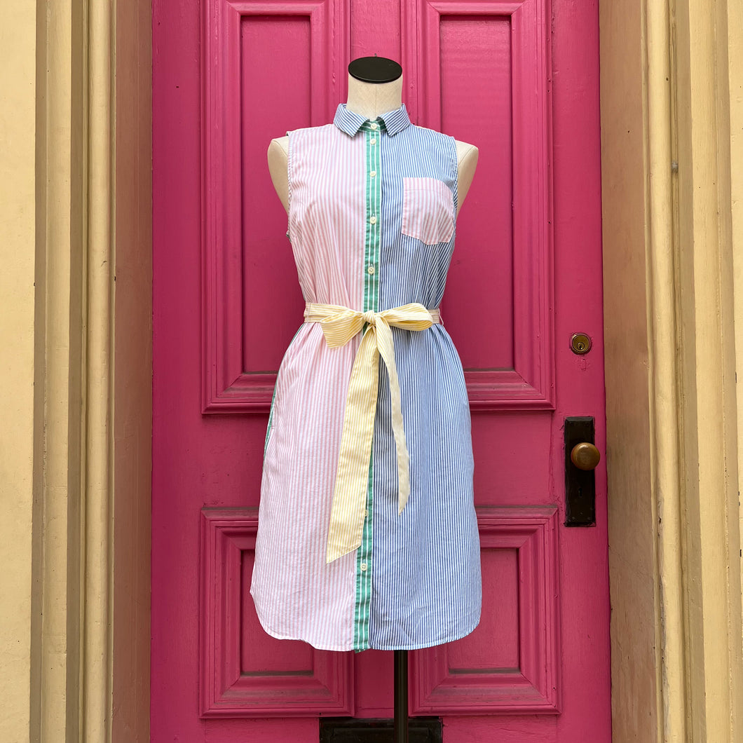 J. Crew multicolor pink yellow blue striped button up dress size 8