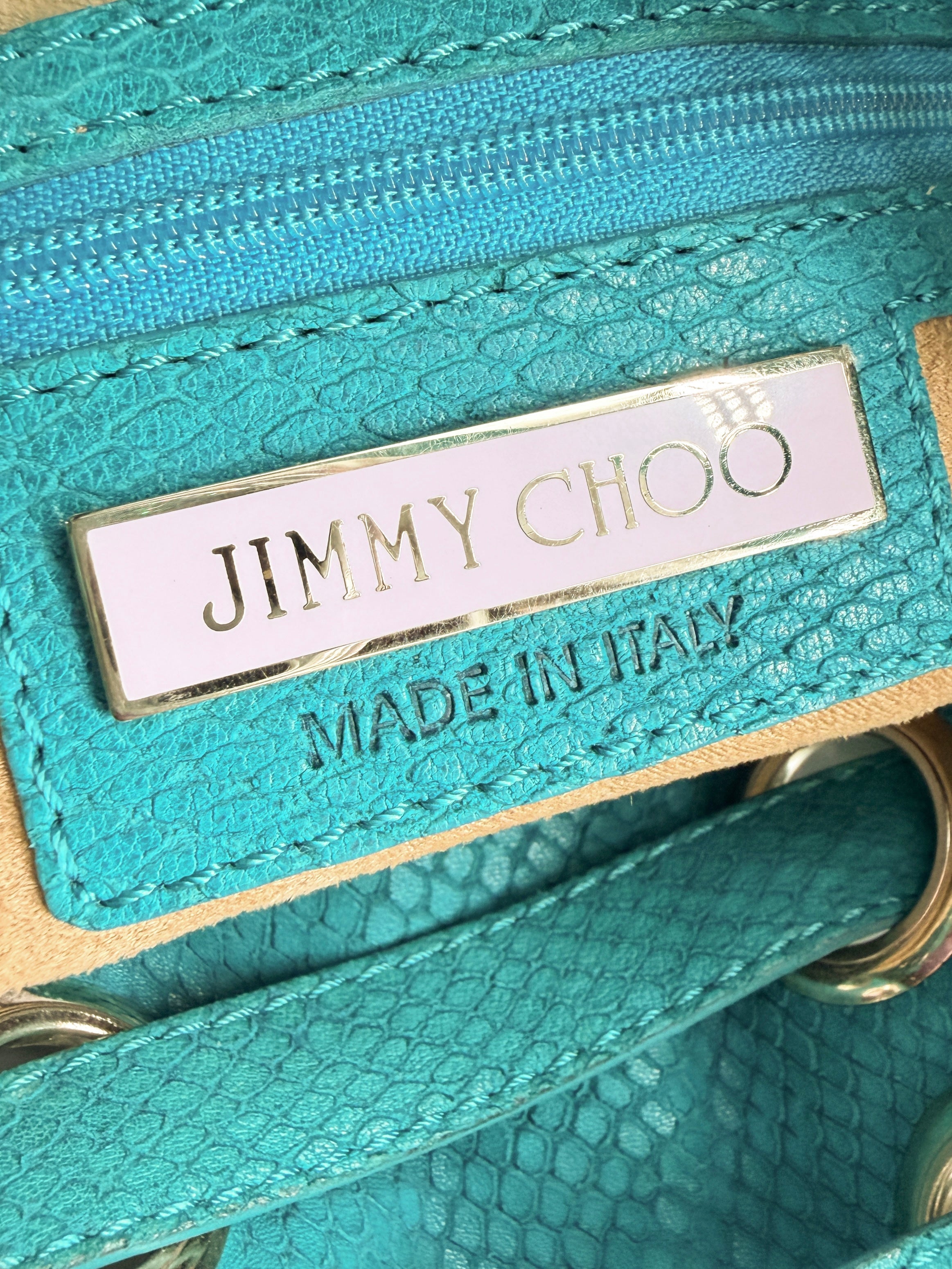 Jimmy Choo teal snake embossed leather Riki bag