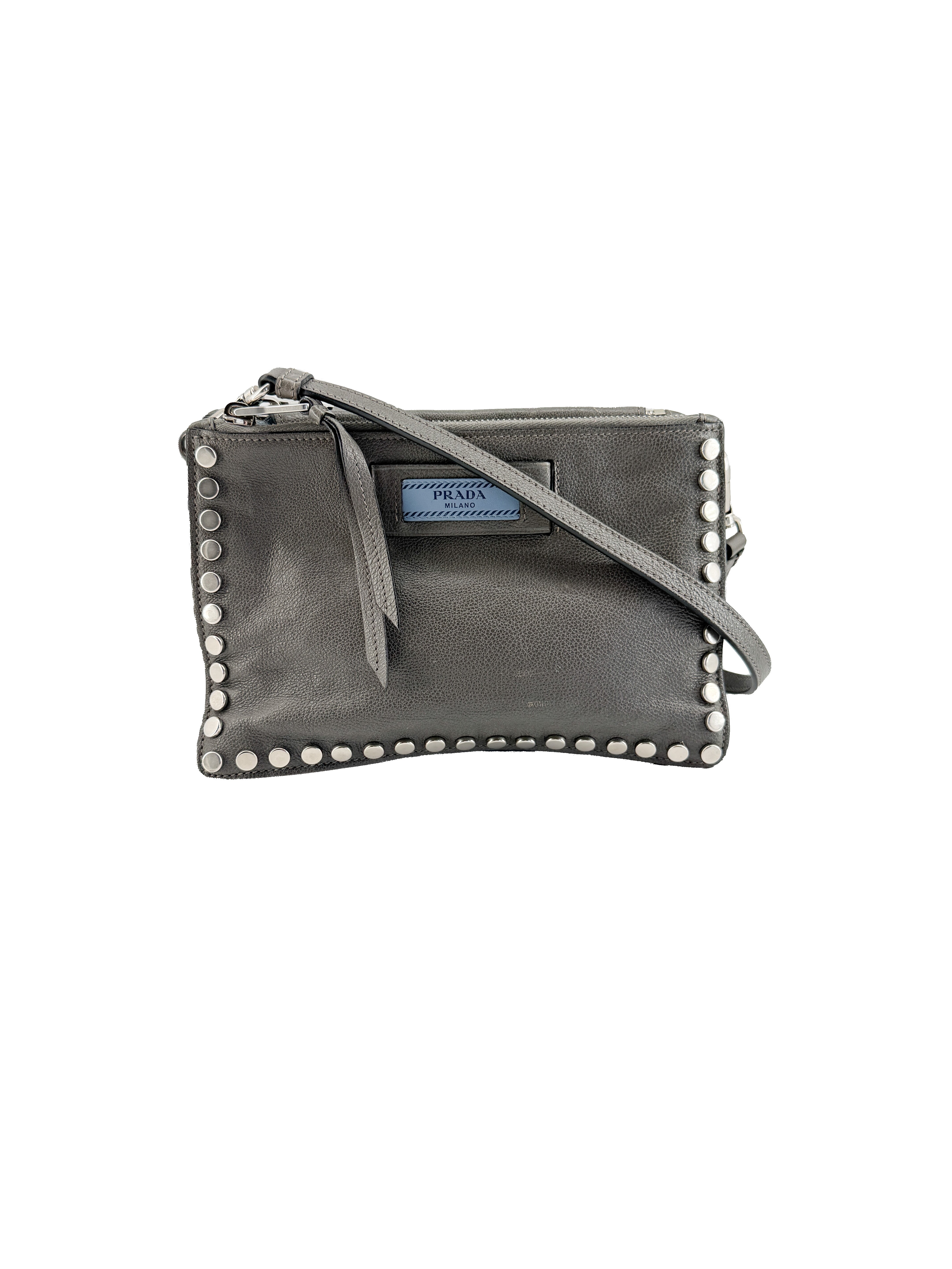 Prada gray leather studded Etiquette crossbody bag