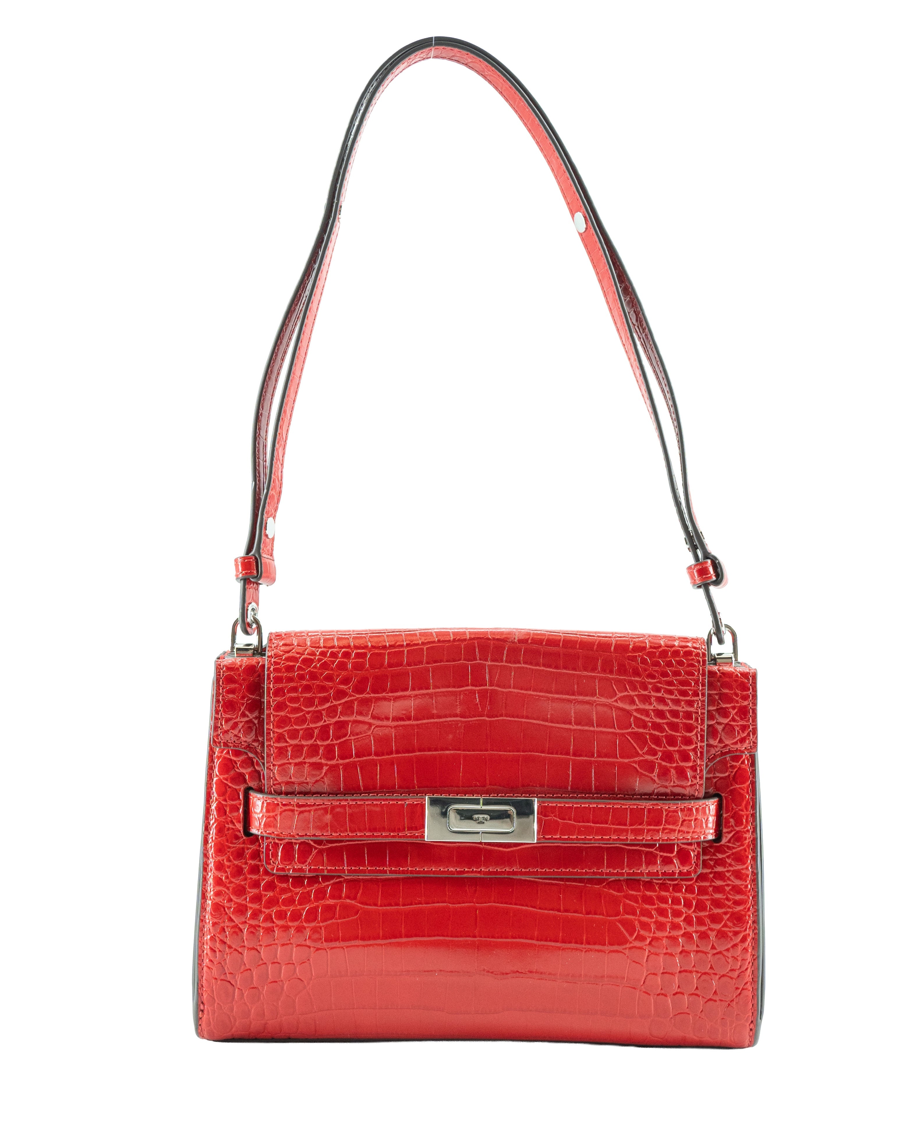 Tory Burch red croc embossed Lee Radziwill shoulder bag
