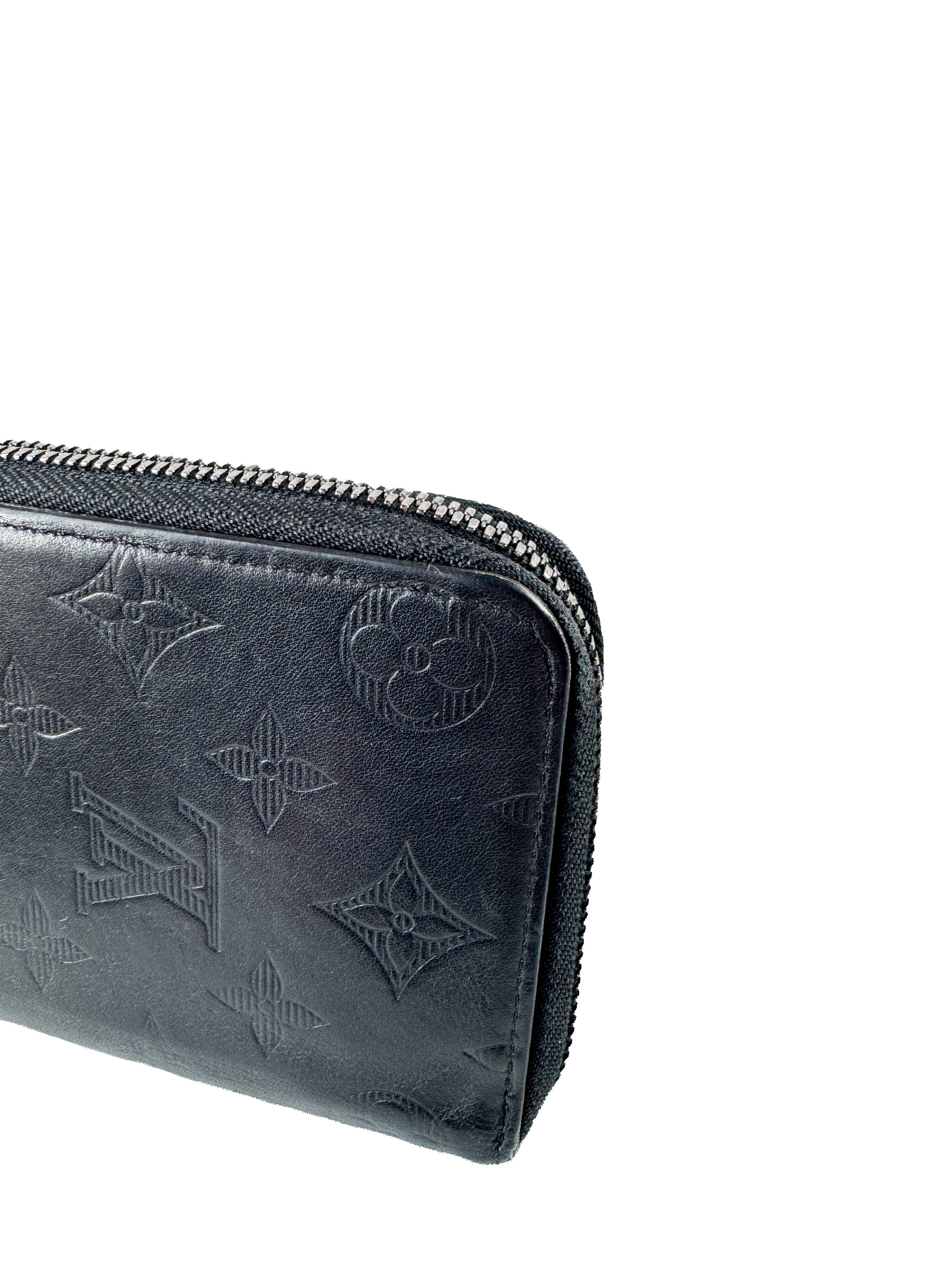 Louis Vuitton black leather monogram shadow zip around wallet CA2139