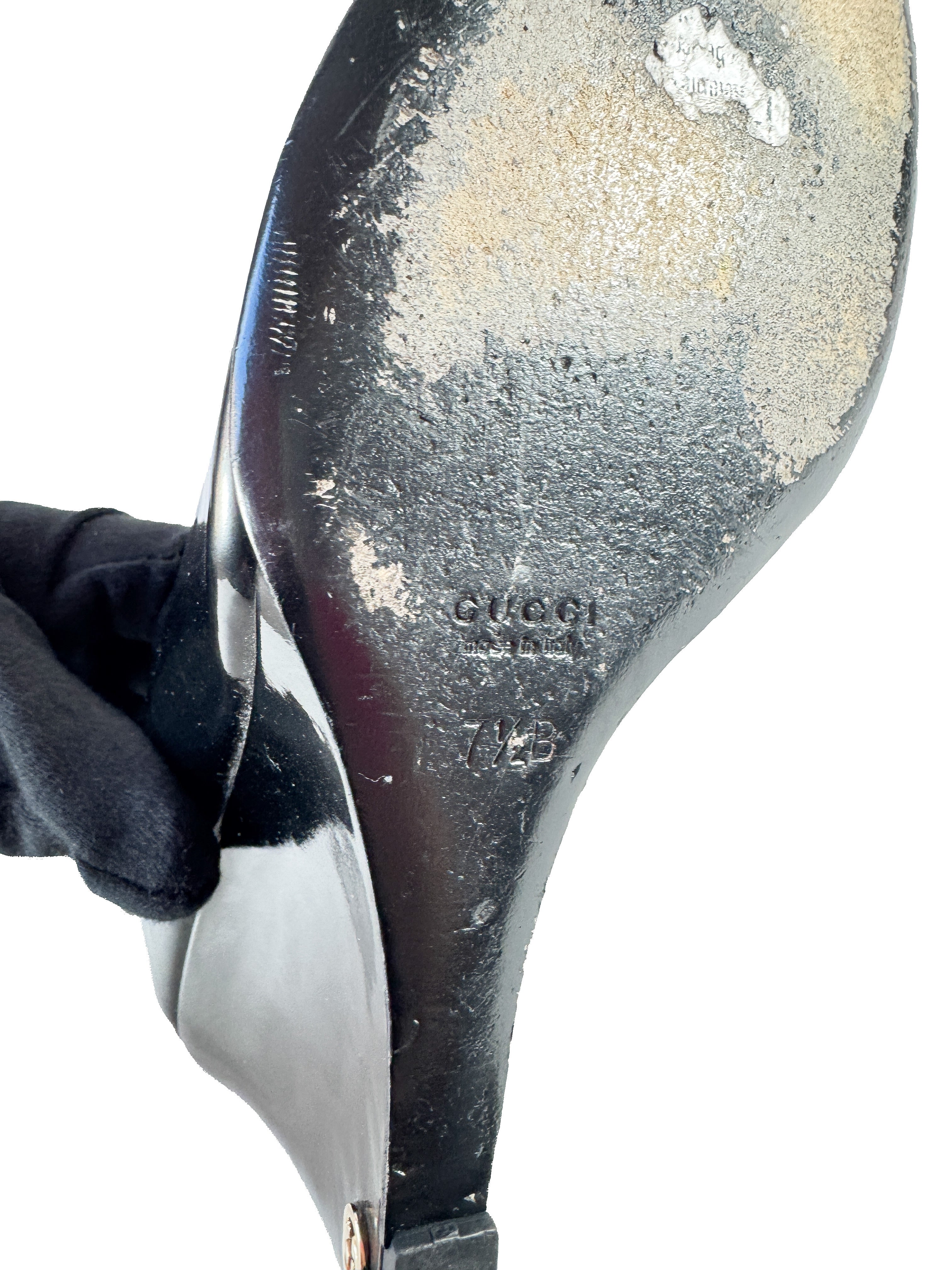 Gucci black patent leather peep toe pumps size 7.5