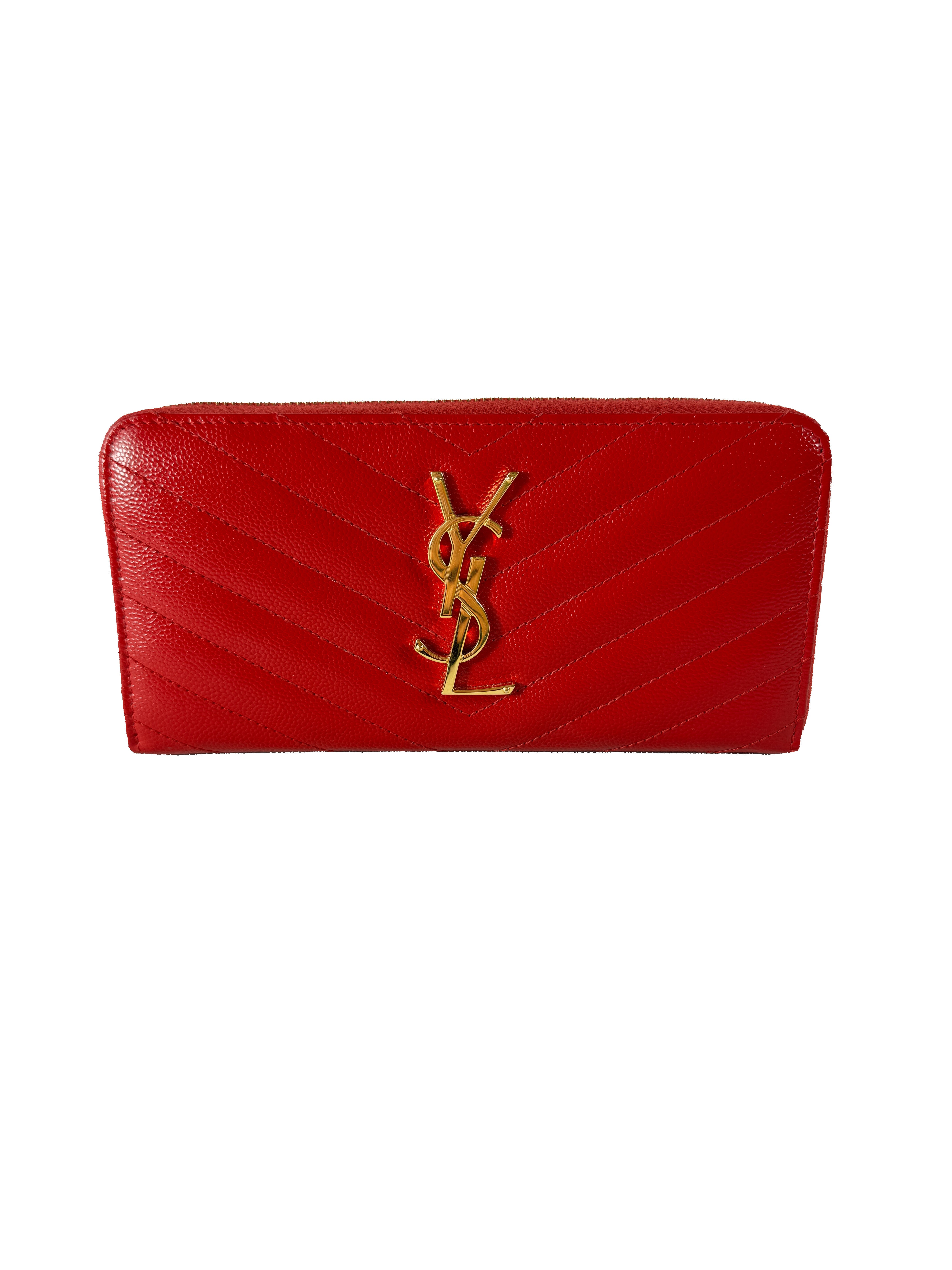 Saint Laurent red grain de poudre matelasse chevon monogram zip around wallet INN3580941118