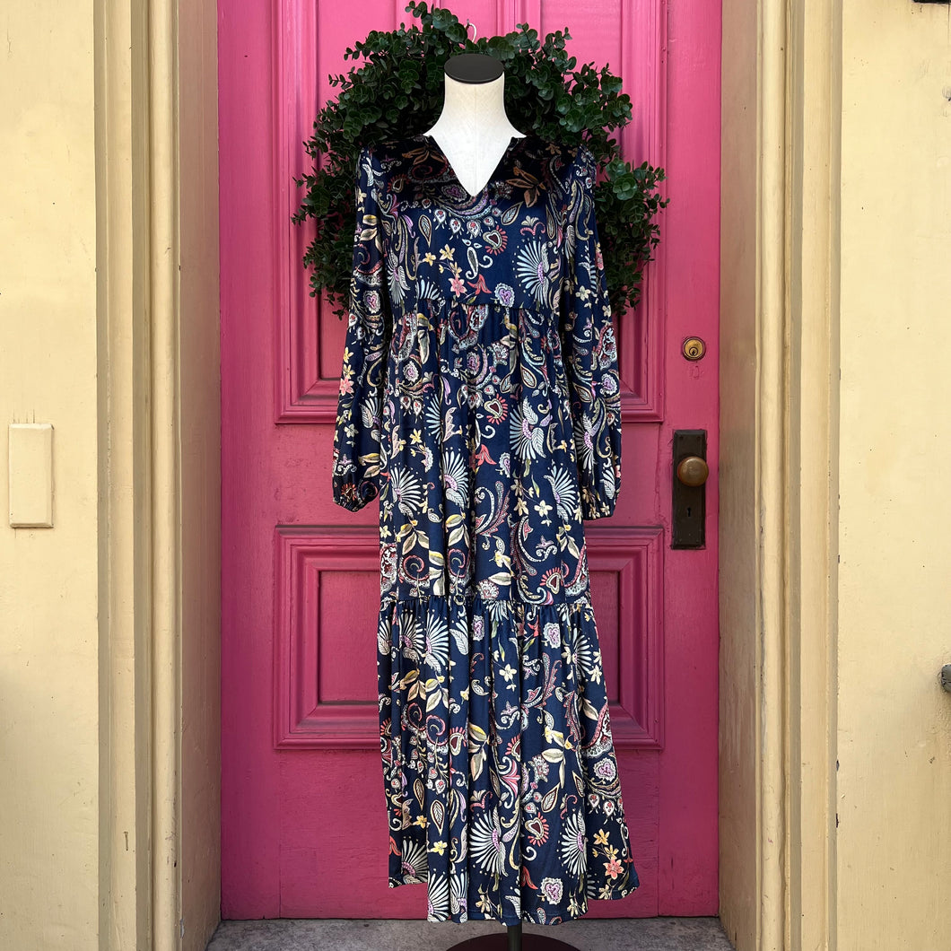 Capjuluca navy velour floral dress size M