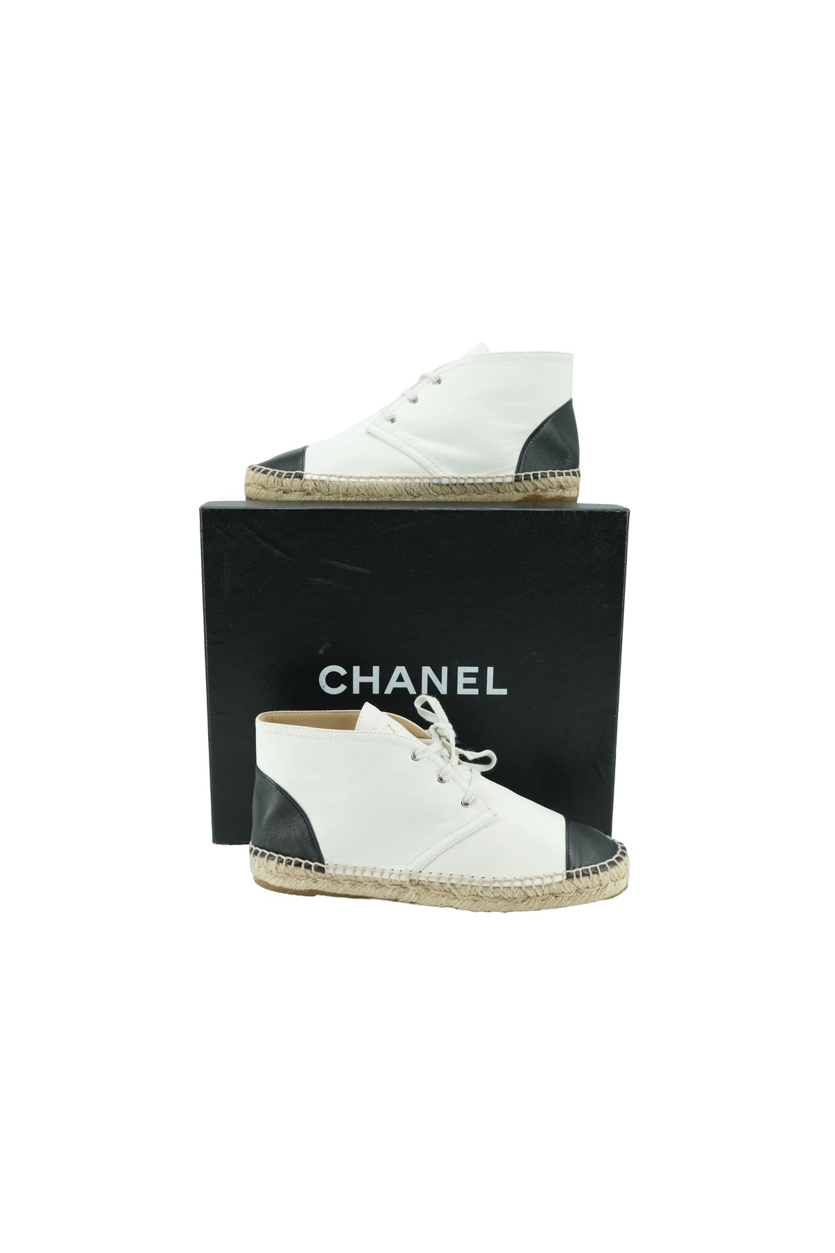 Chanel black white leather high top esapdrilles size 39 BOX