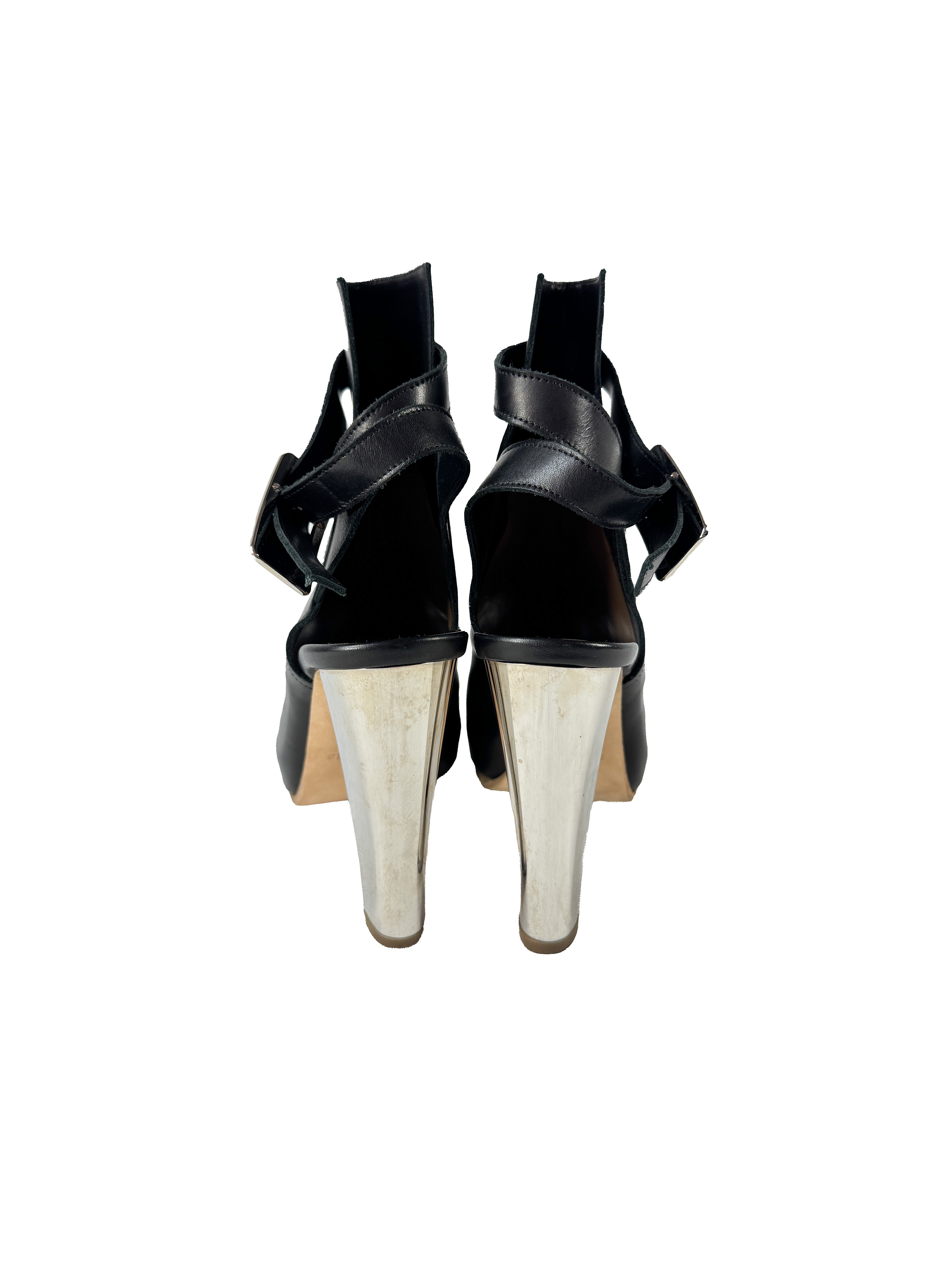 Hermès black leather heeled peep toe booties size 36.5