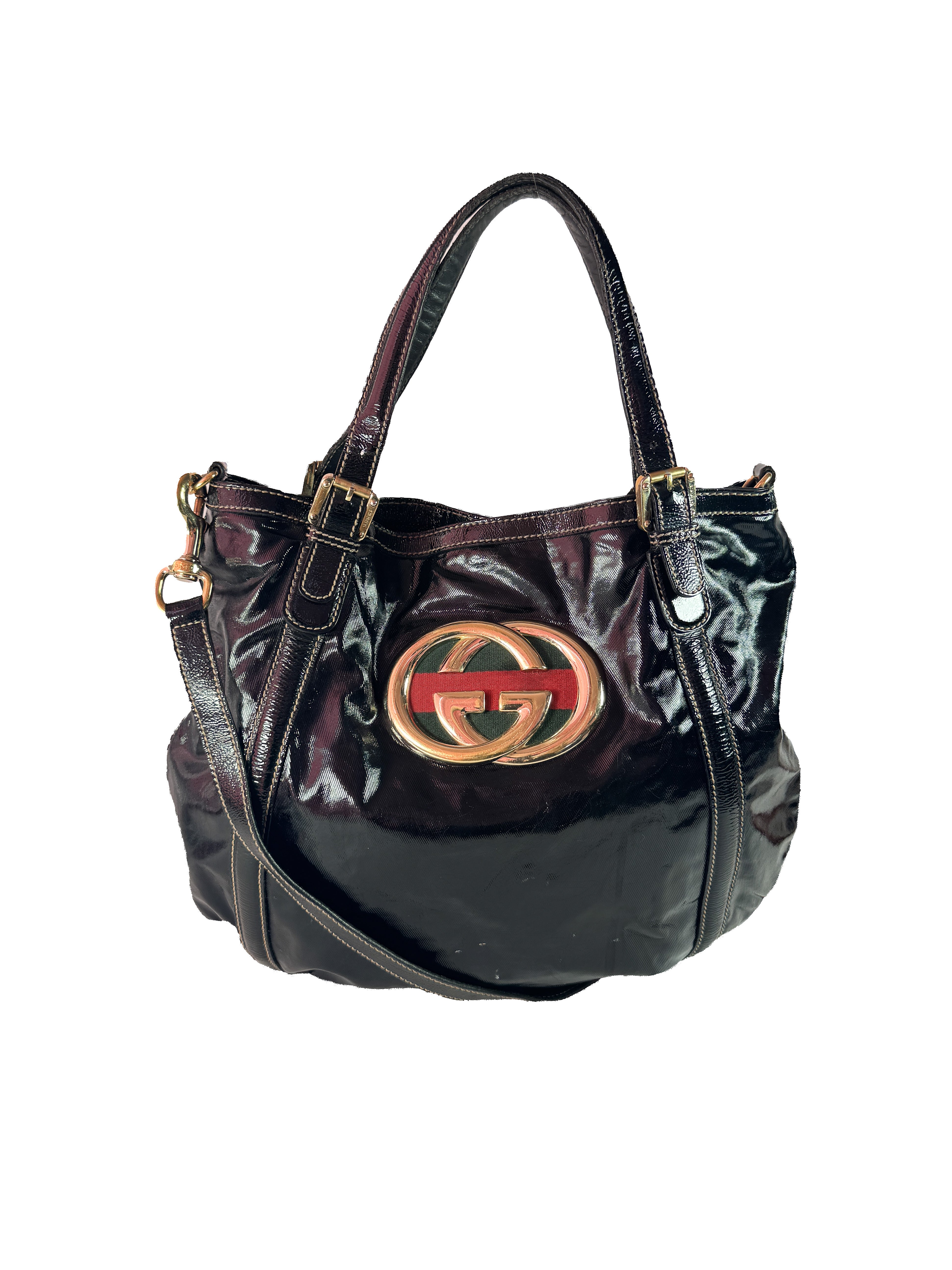 Gucci black Web Britt patent leather tote 162886 492783 *as is*