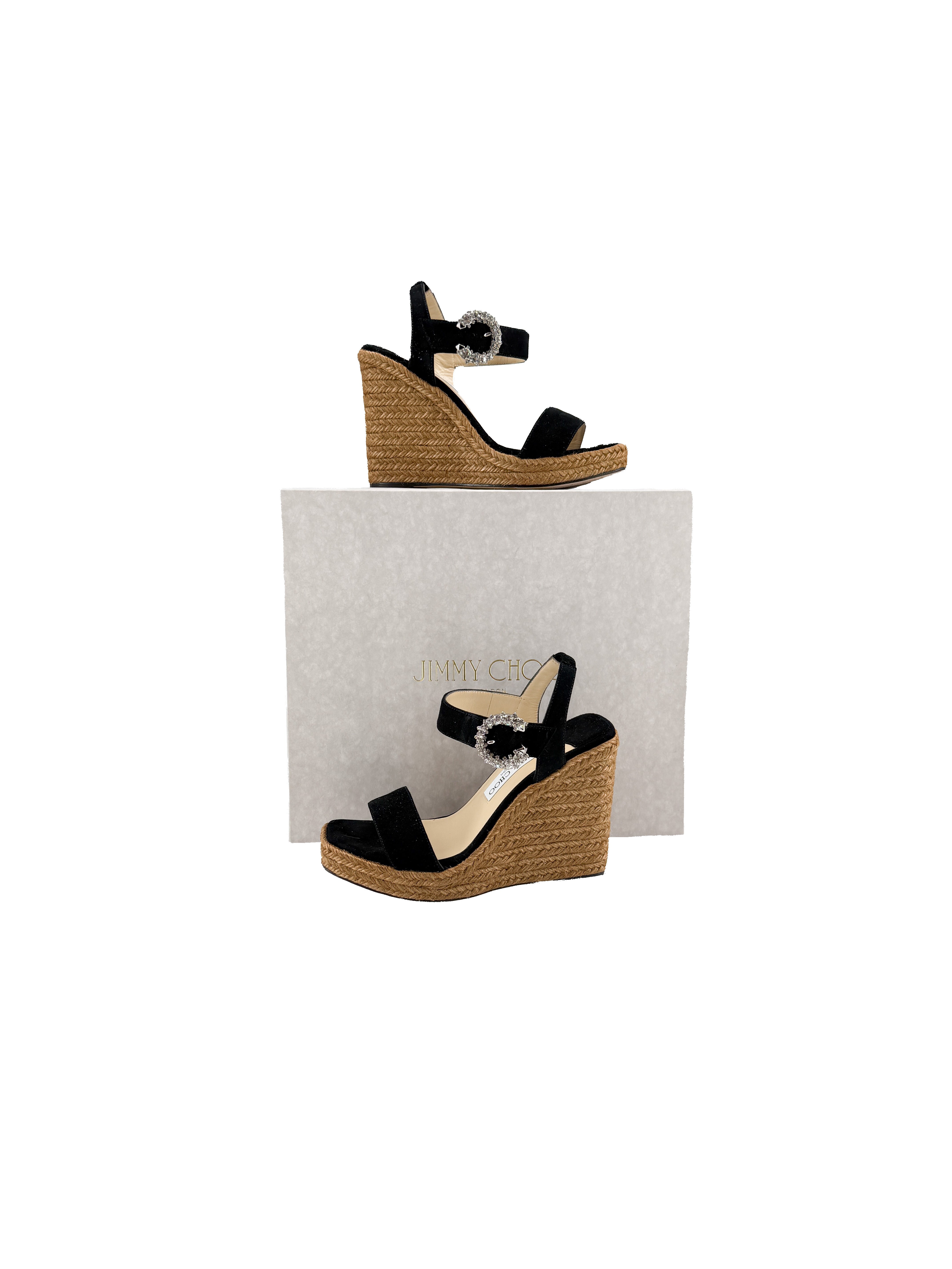 Jimmy Choo Mirabelle 110 black espadrille wedges size 37.5 (7.5) BOX