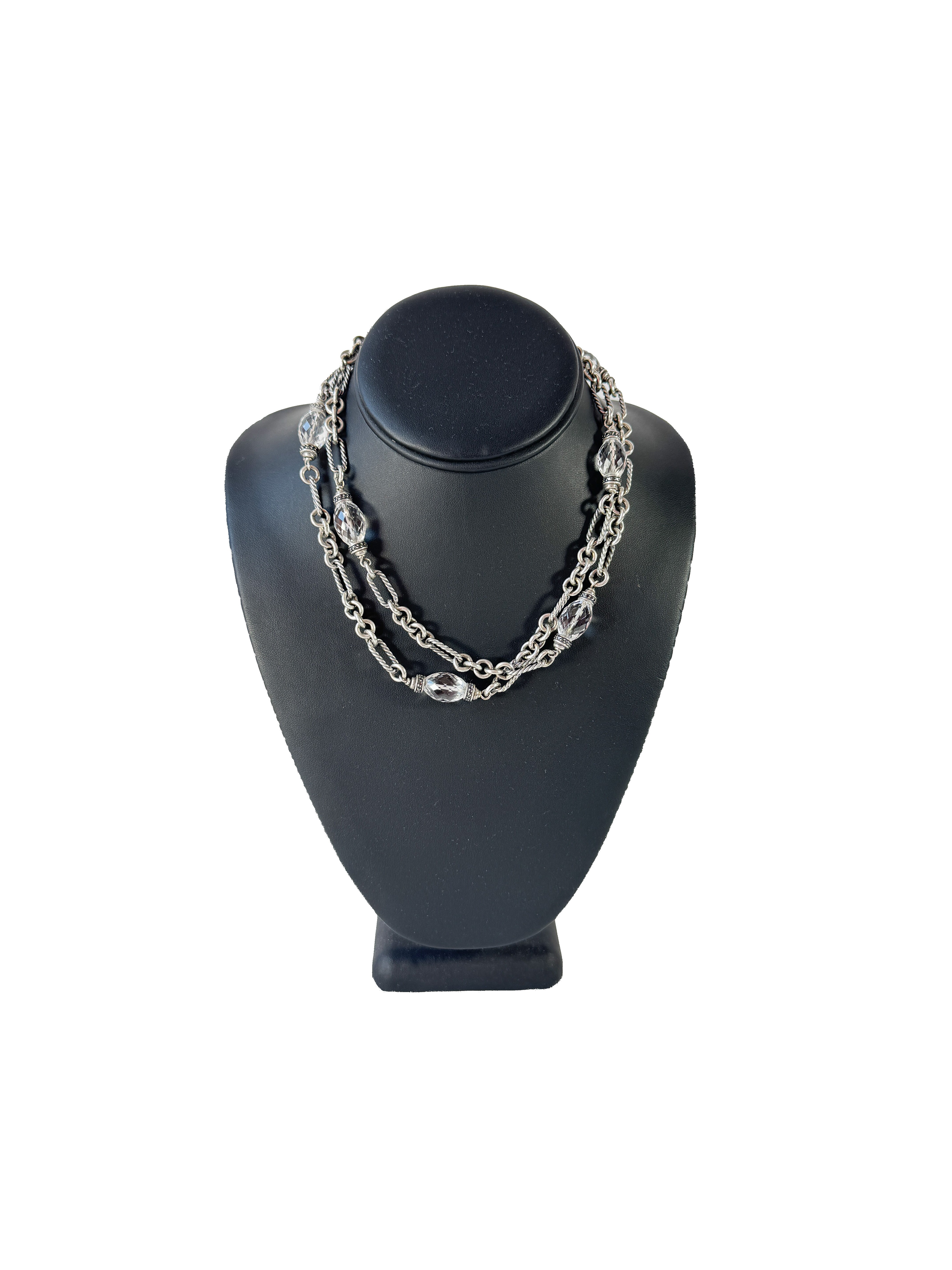David Yurman sterling silver, clear quartz, black diamond Figaro necklace