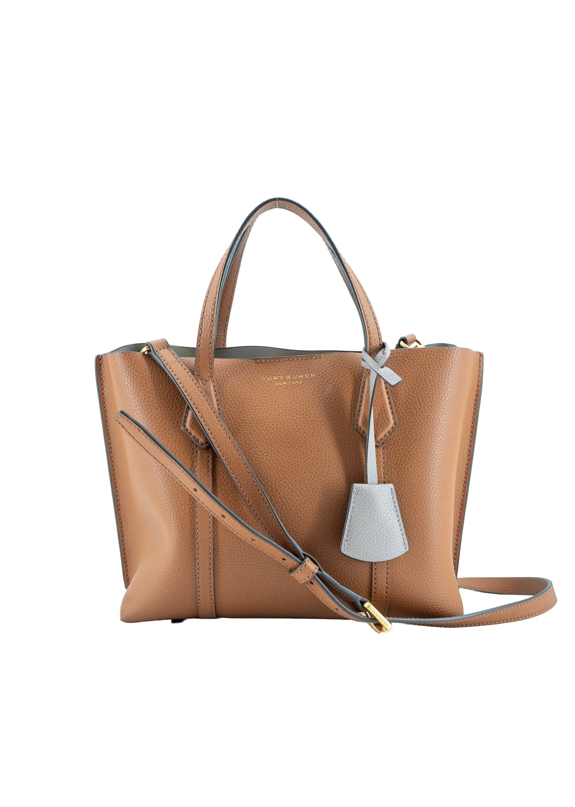 Tory Burch brown leather small Perry triple compartment tote