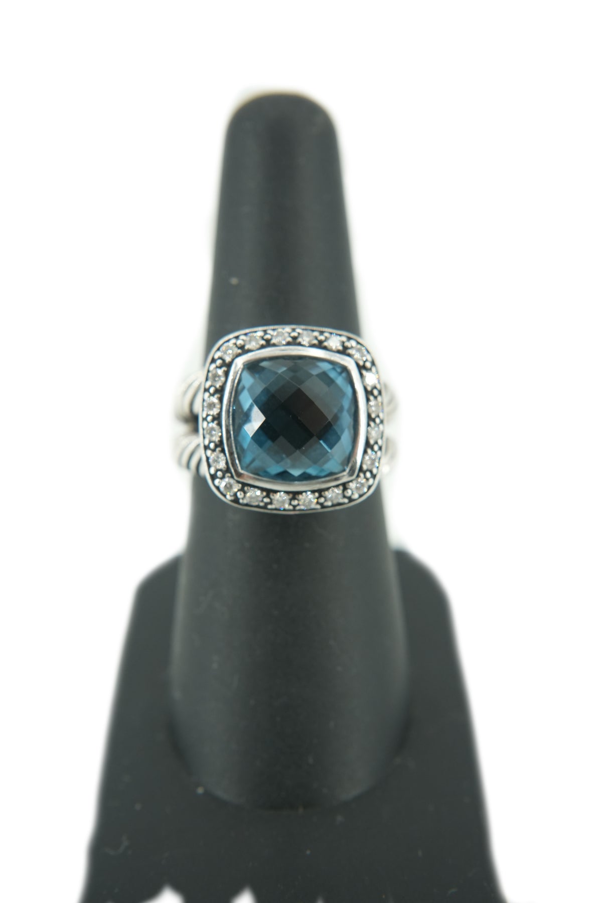 David Yurman sterling silver, blue topaz, diamond Albion ring