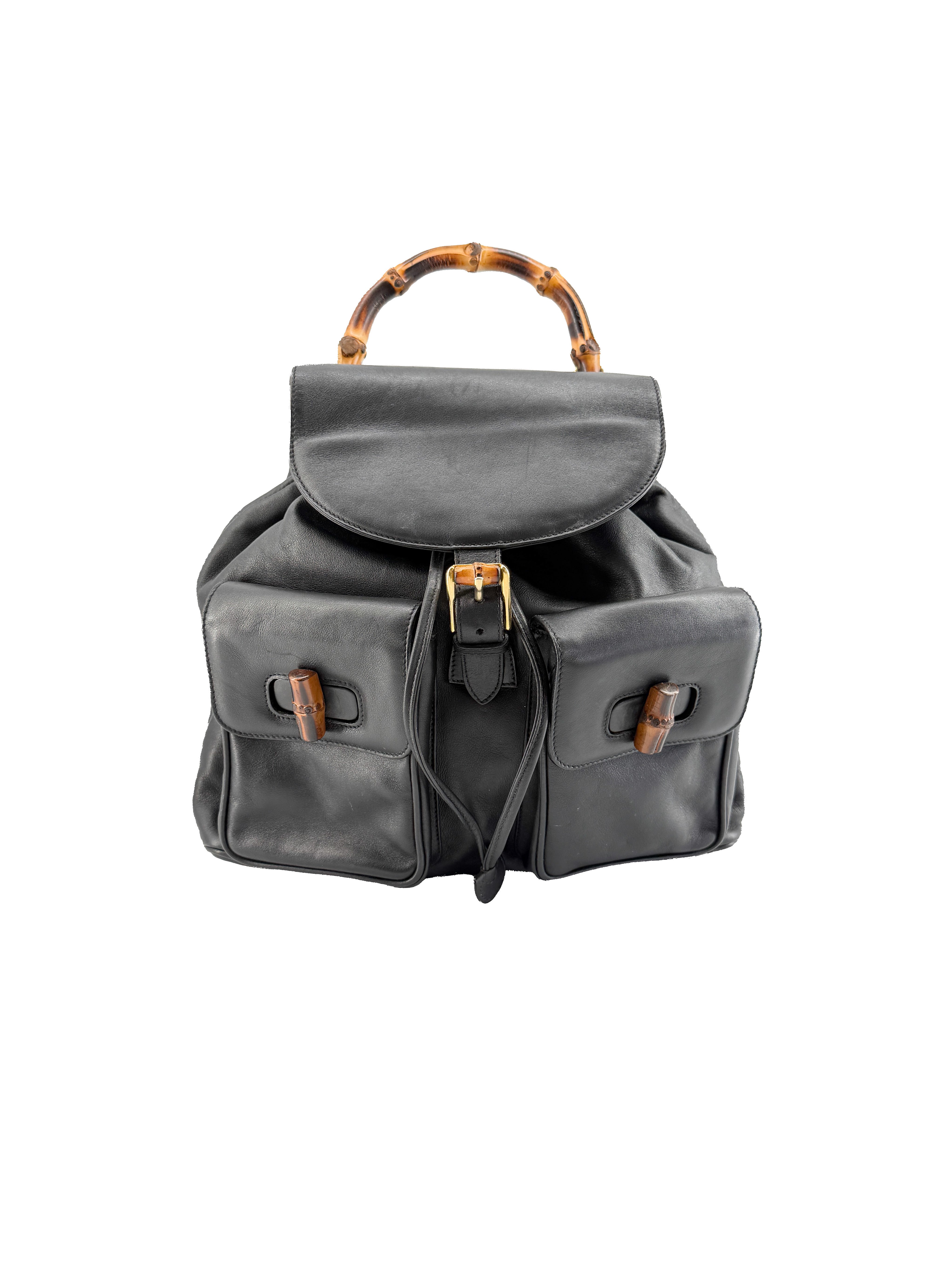 Gucci vintage black leather Bamboo double pocket backpack 00320580016 - My Girlfriend's Wardrobe LLC
