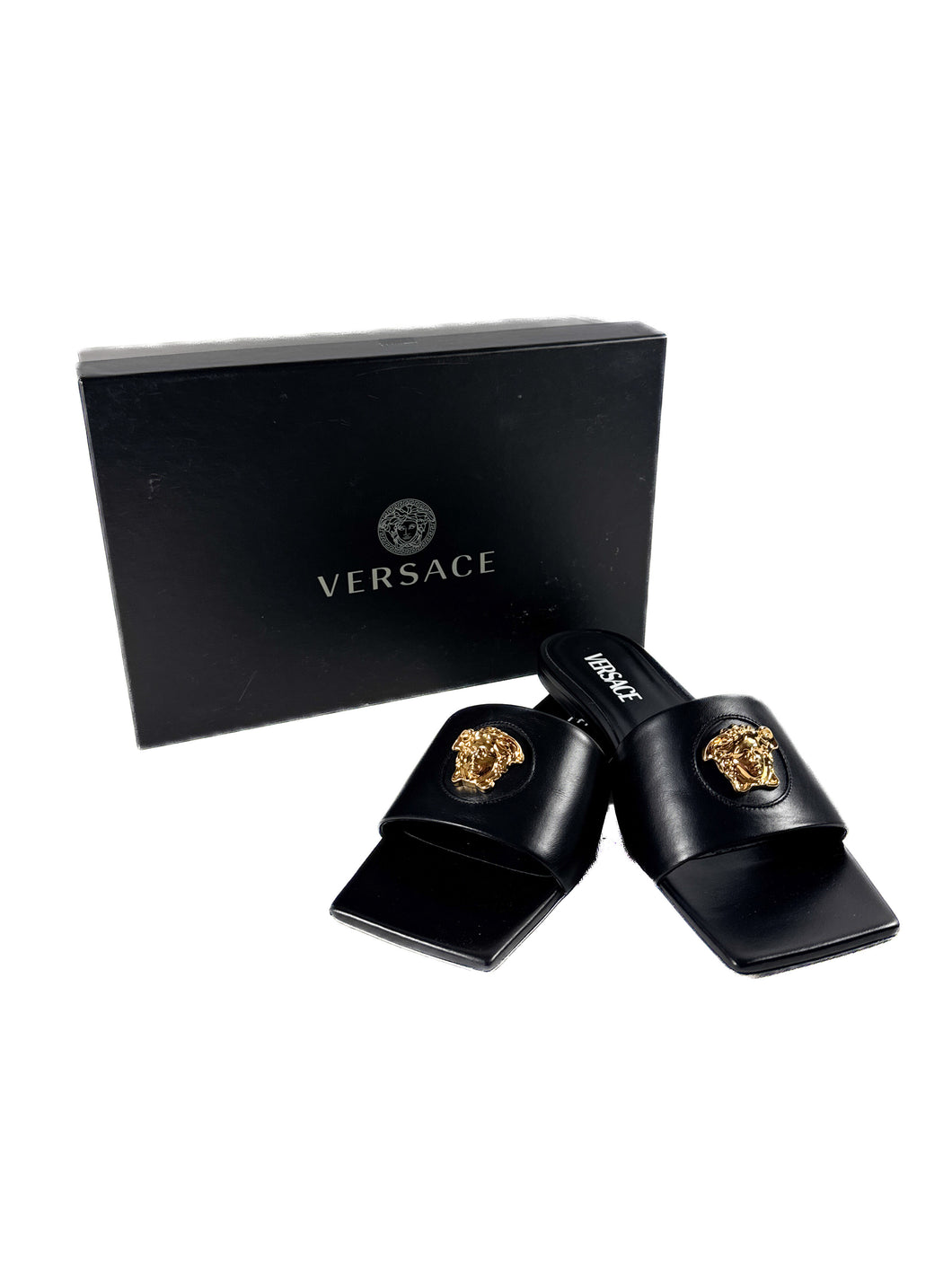 Versace black La Medusa square toe slide sandals size 38.5 BOX