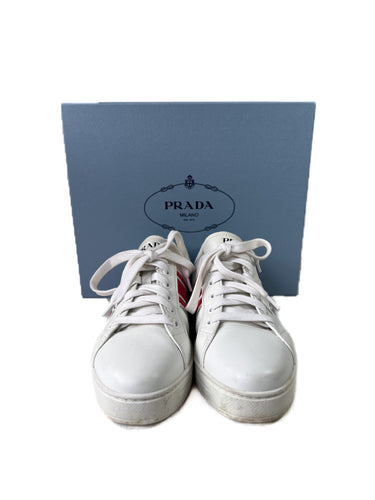 Prada district avenue white red leather sneakers size 38
