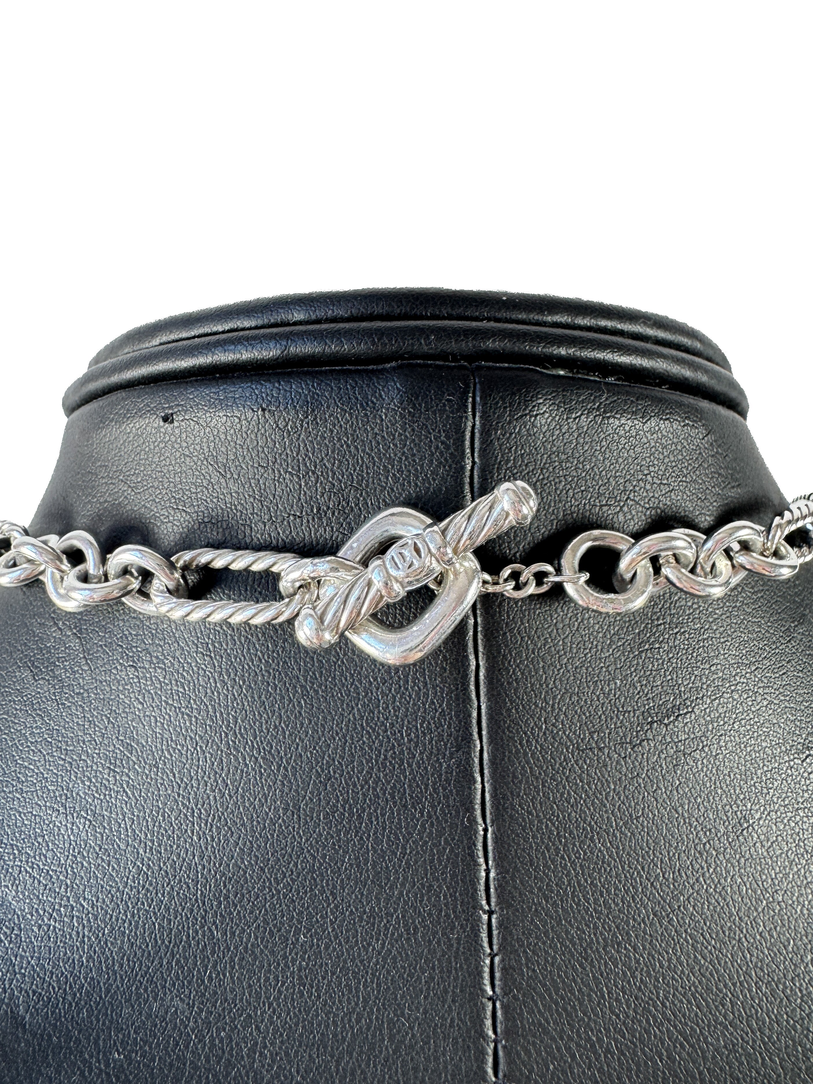 David Yurman sterling silver, 18k gold figaro chain 32" necklace w/non DY charm