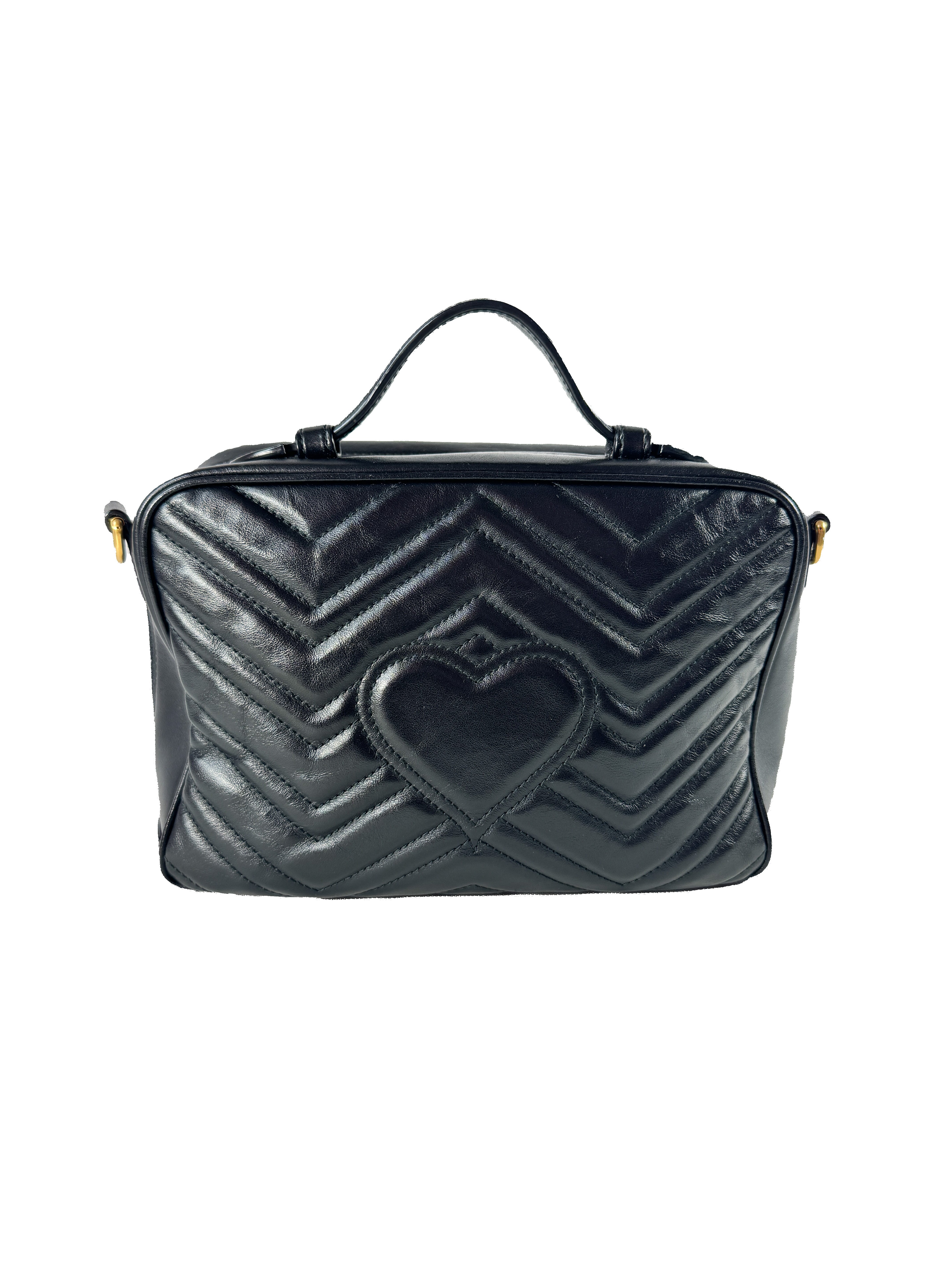 Gucci black calfksin Matelasse Sylvie web small GG Marmont top handle  498199 493075