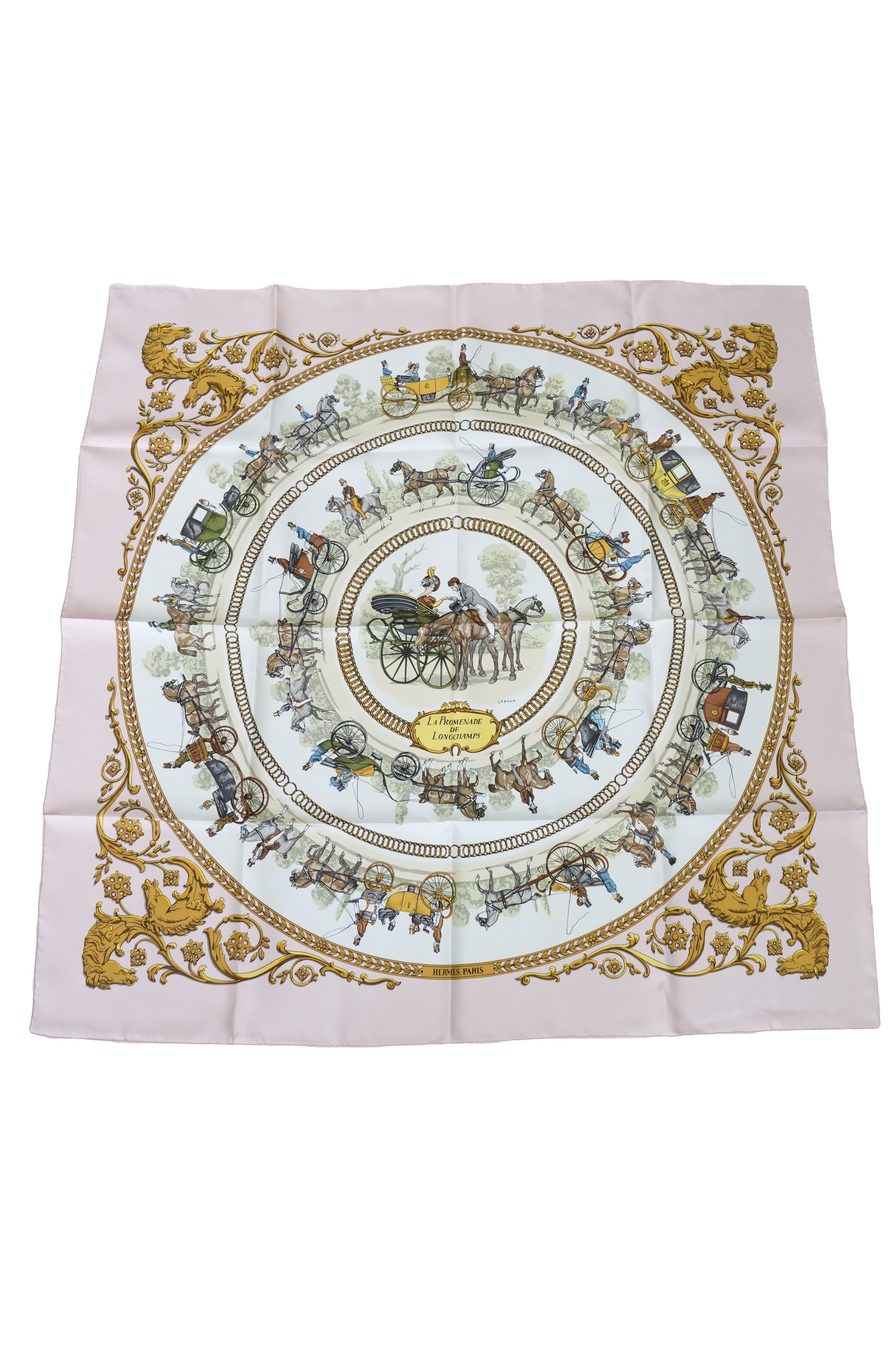 Hermès pink La Promenade De Longchamps 90cm silk scarf
