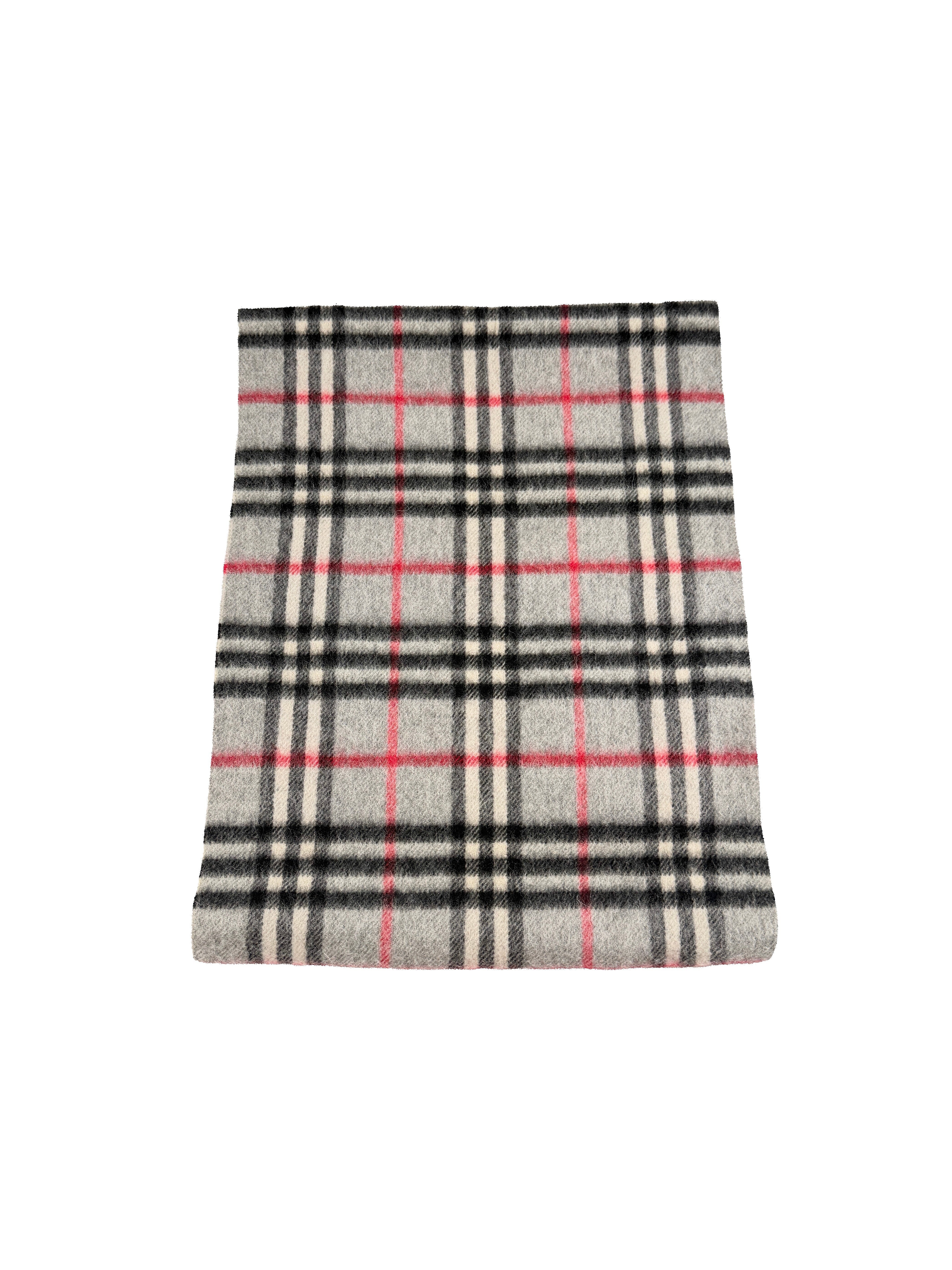 Burberry gray, red, black plaid vintage cashmere scarf