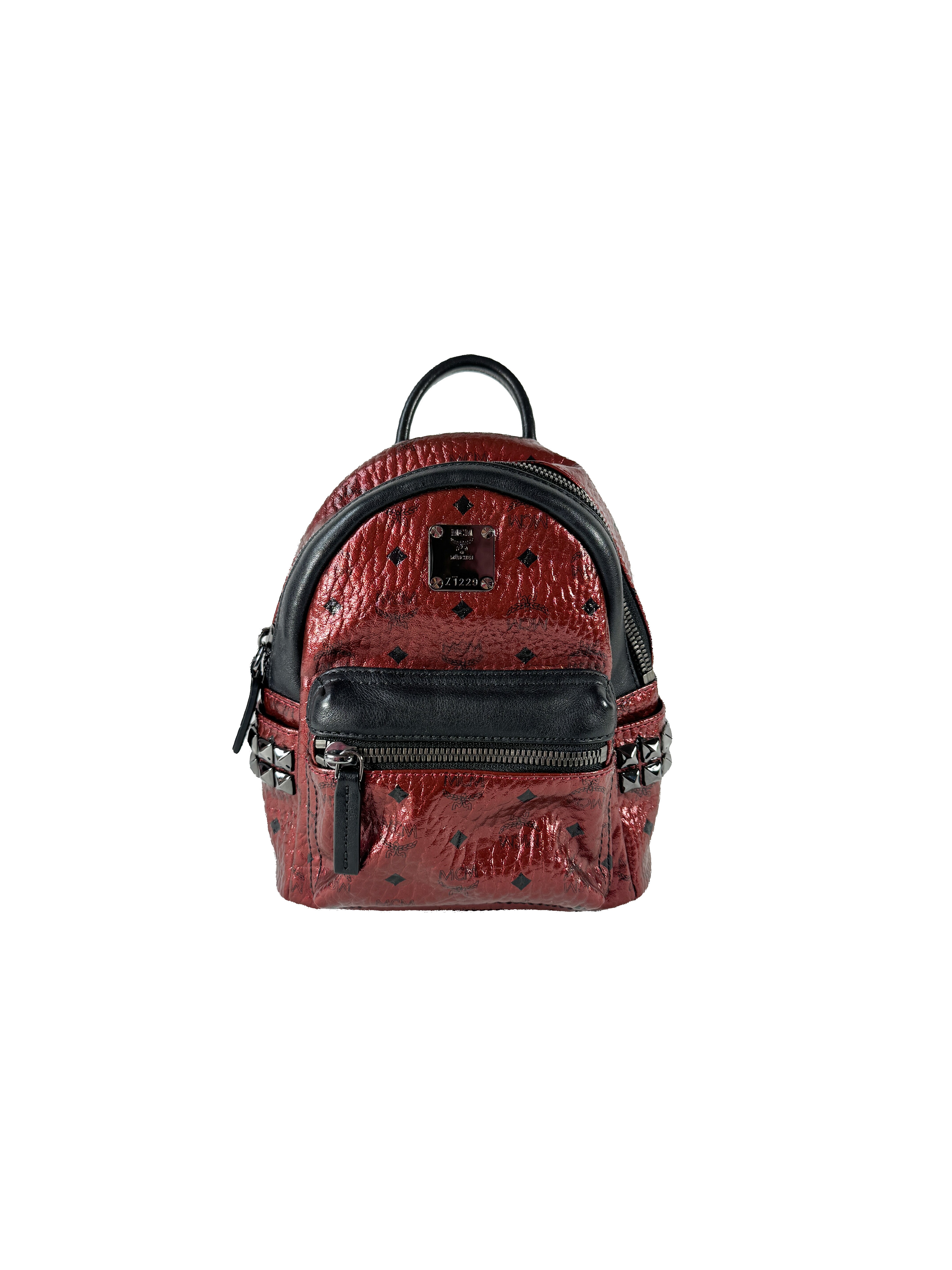 MCM red, black leather Visetos Stark mini backpack