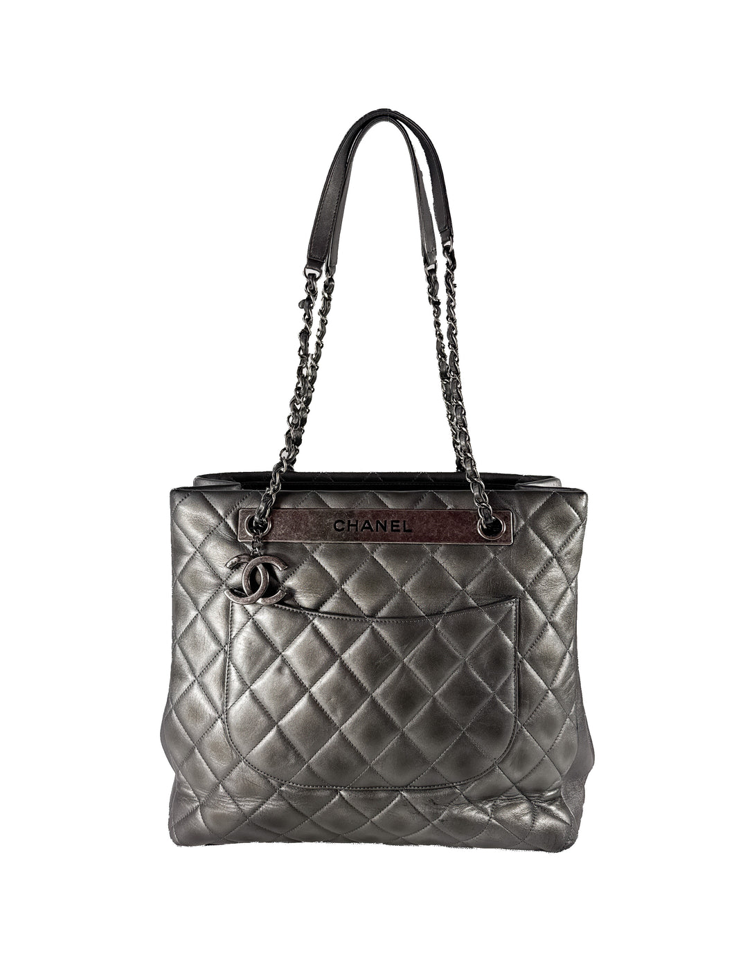Chanel dark silver quilted large trendy shopping tote  21647644