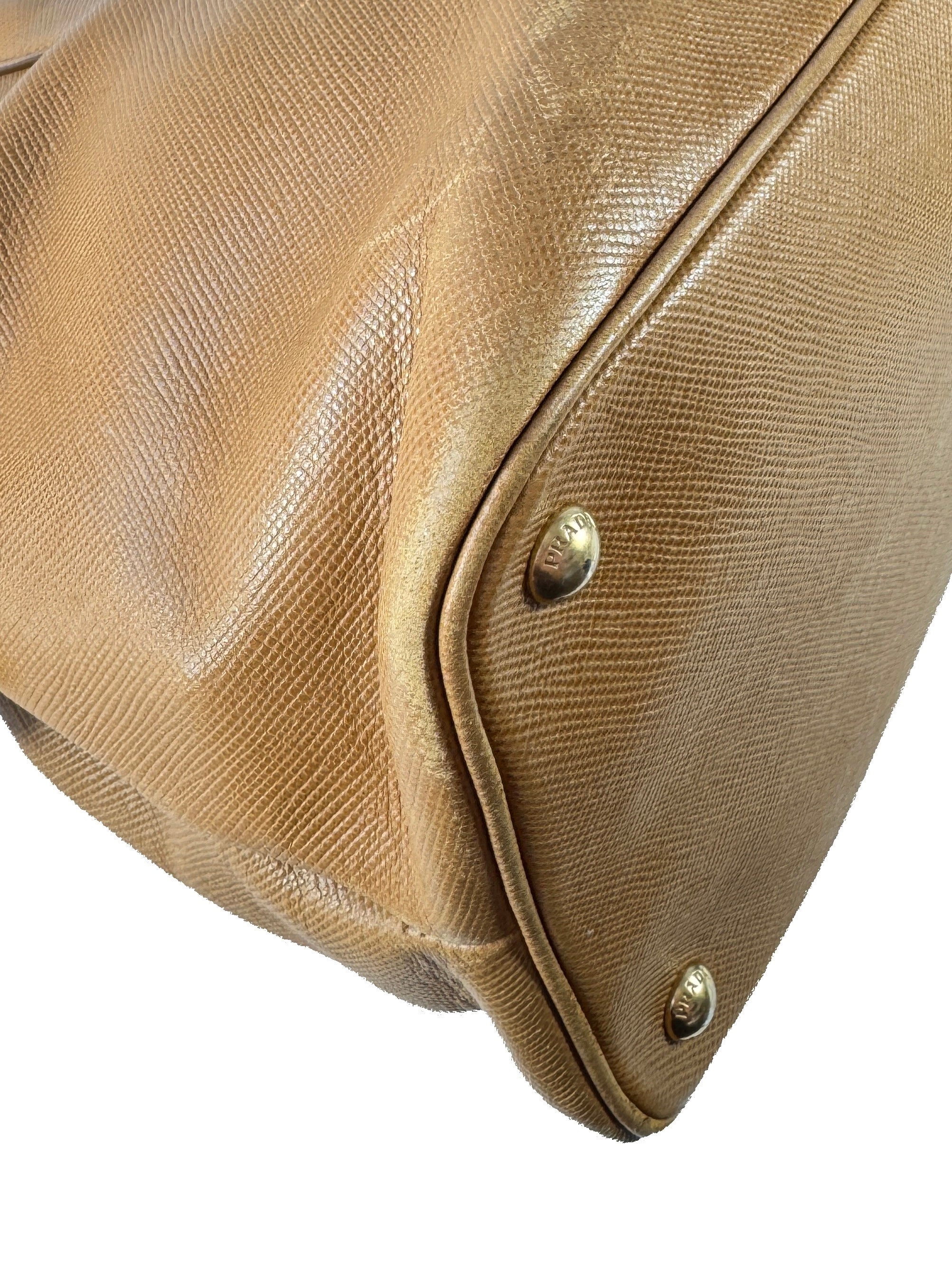 Prada brown Saffiano triple zip domed satchel 180